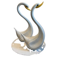 Pair of Elegant Vintage Ceramic Swan Sculptures in Gloss White with Yellow Beak