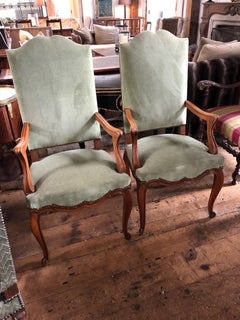 Pair of Elegant Walnut and Sage Green Velvet Armchairs