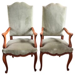 Pair of Elegant Walnut and Sage Green Velvet Armchairs