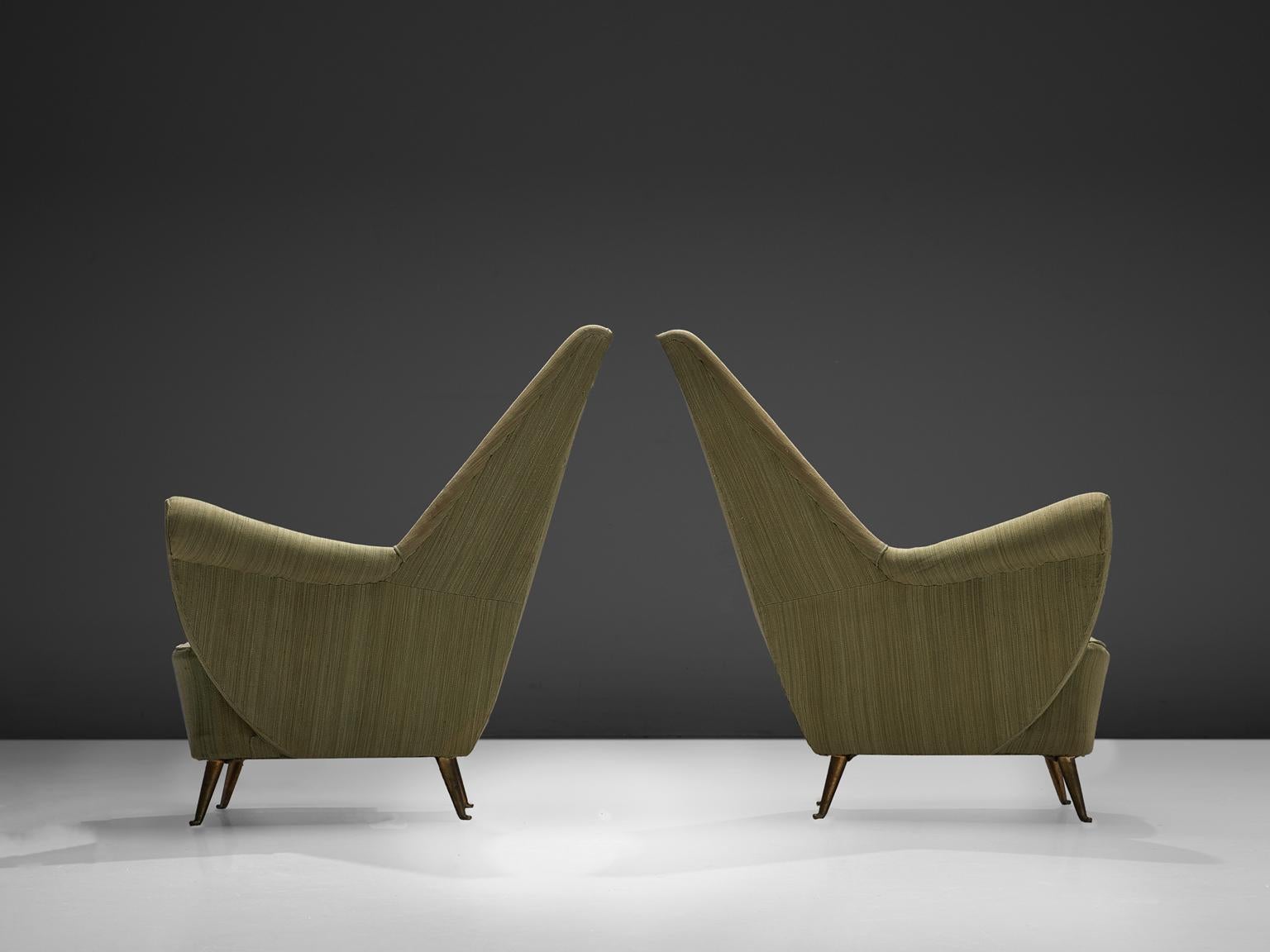 Mid-Century Modern Pair of Elegant Wingback Chairs in Original Green Fabric