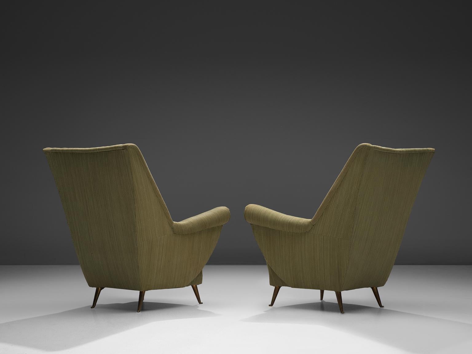 Italian Pair of Elegant Wingback Chairs in Original Green Fabric