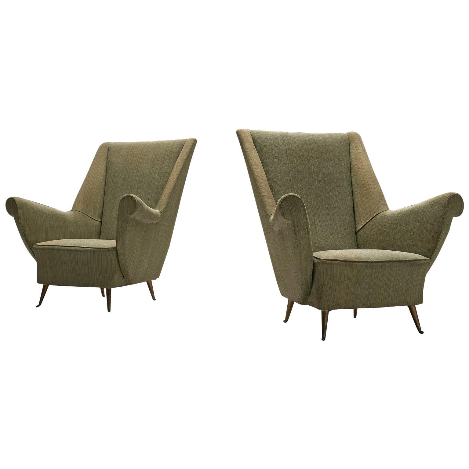 Pair of Elegant Wingback Chairs in Original Green Fabric