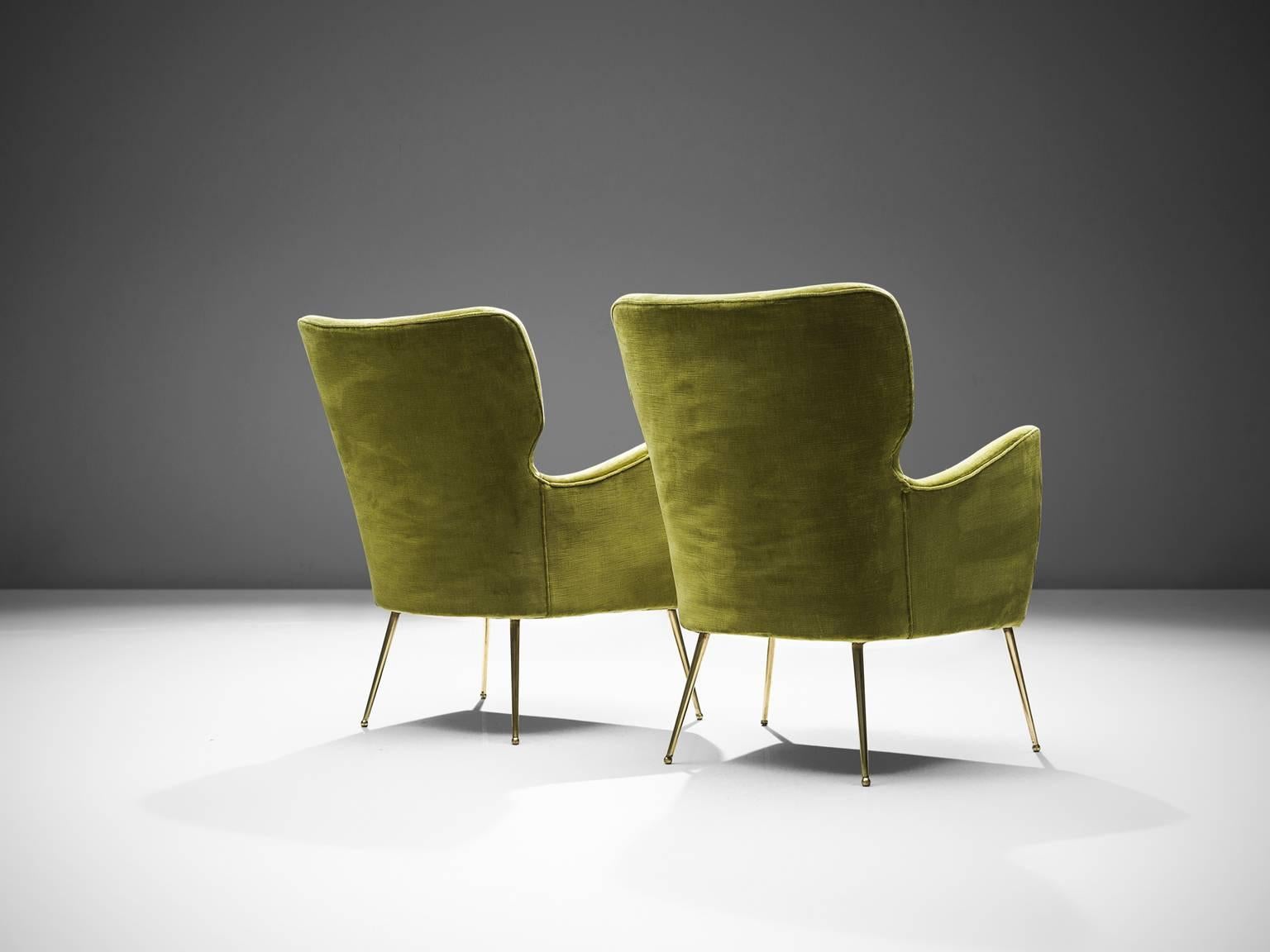 Italian Pair of Elegant Wingback Chairs in Original Green Velvet