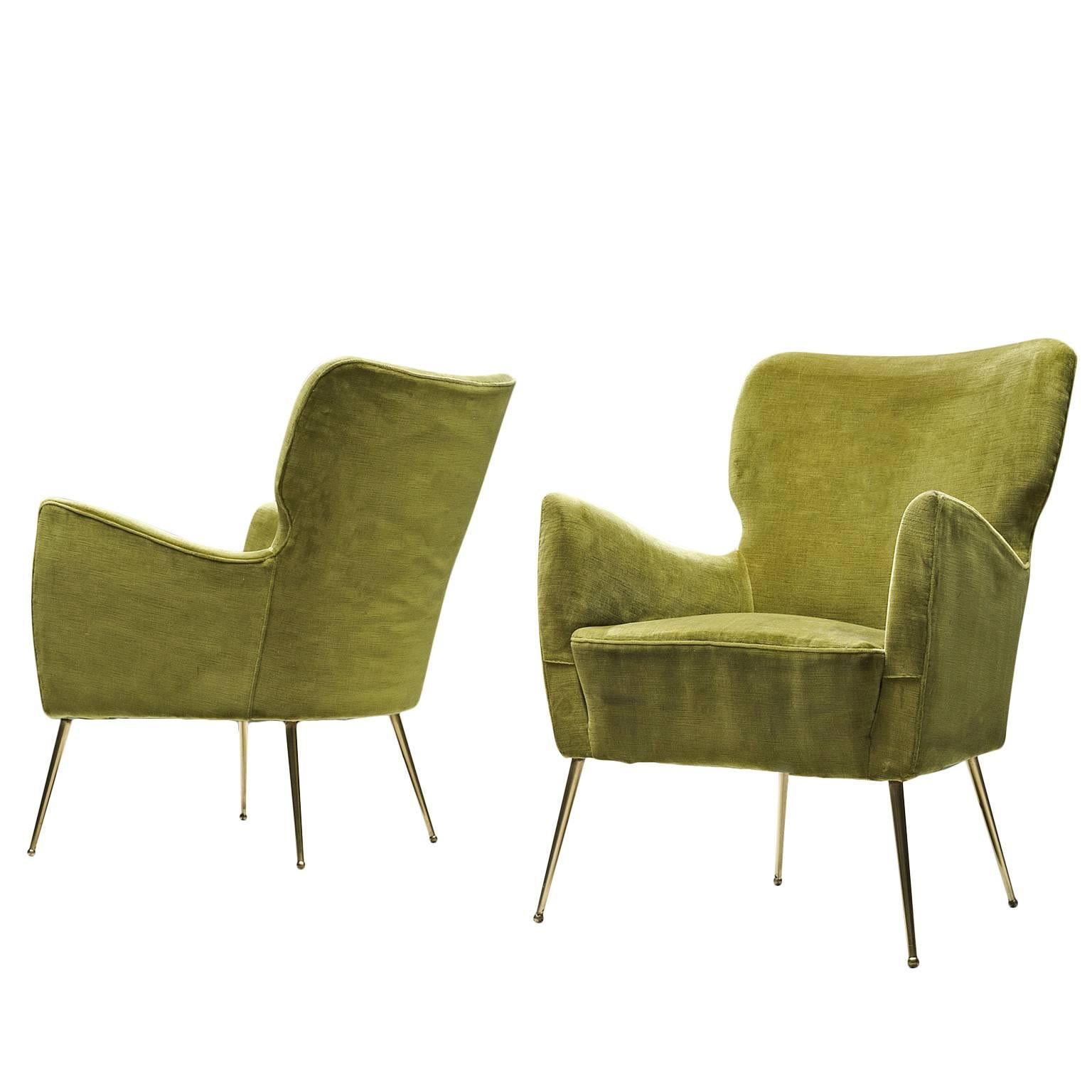Pair of Elegant Wingback Chairs in Original Green Velvet For Sale at