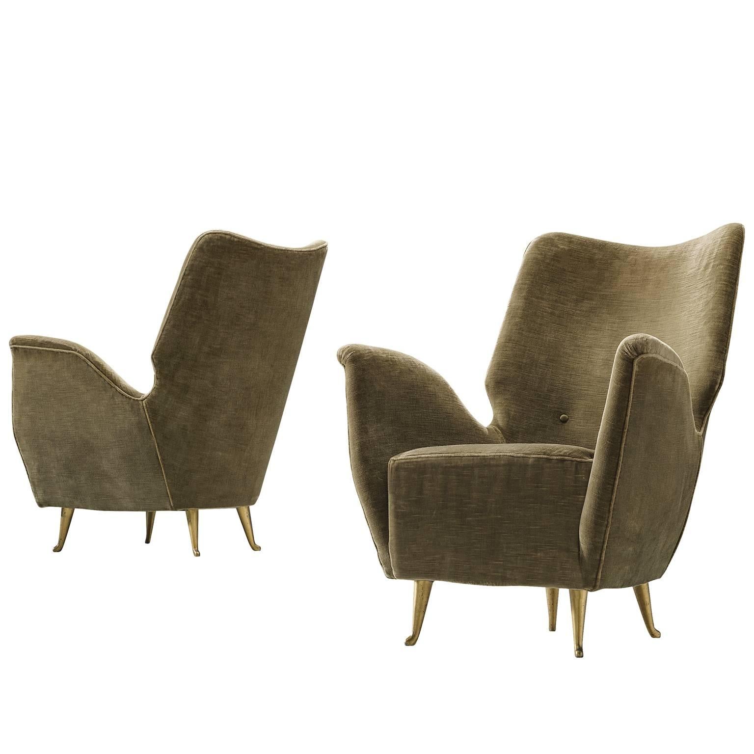 Pair of Elegant Wingback Chairs for ISA in Original Green Velvet