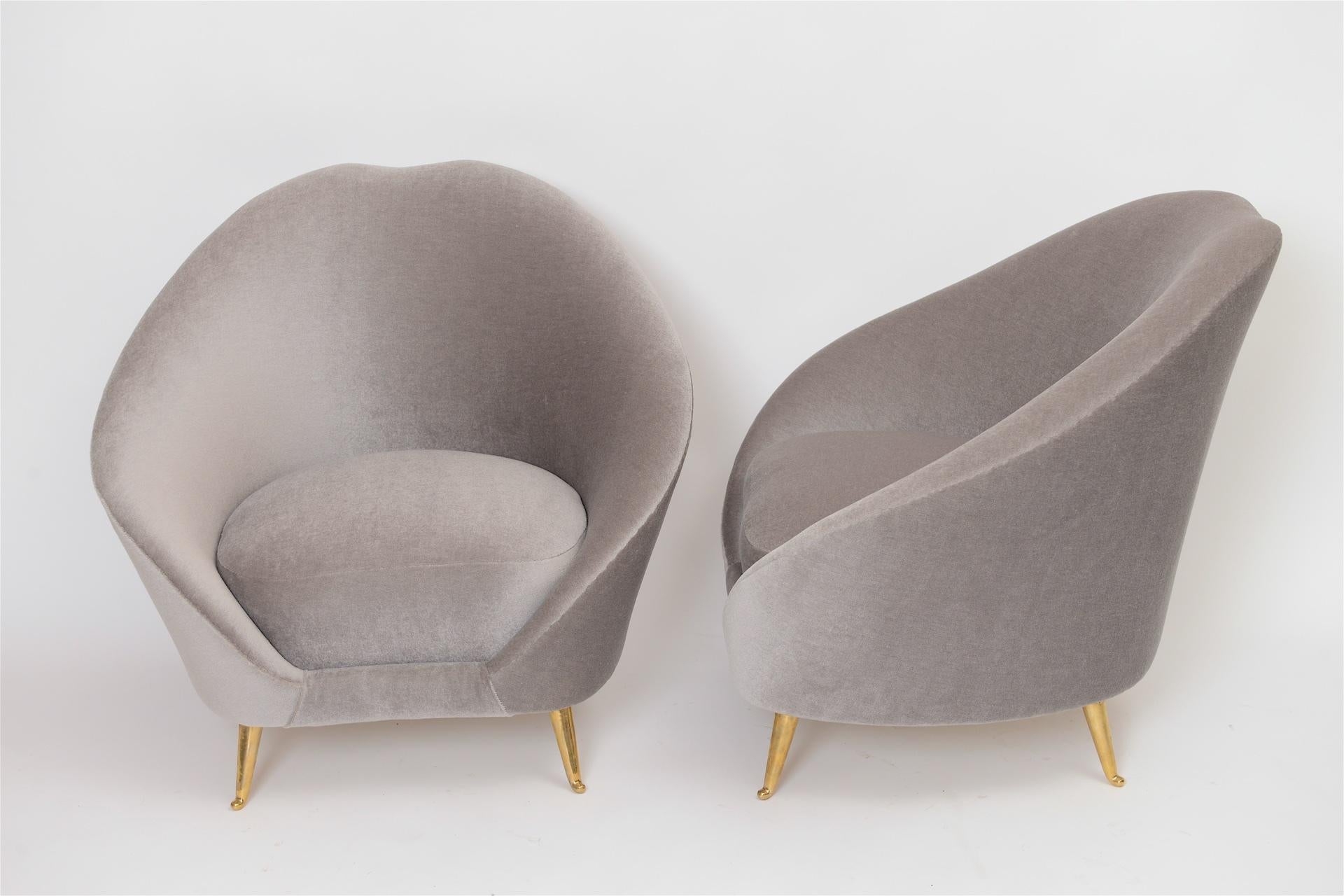Very chic curved armchairs, Italy. circa 1950
Re upholstered in mohair and silk with brass legs

Style of Ico Parisi or Federico Munari