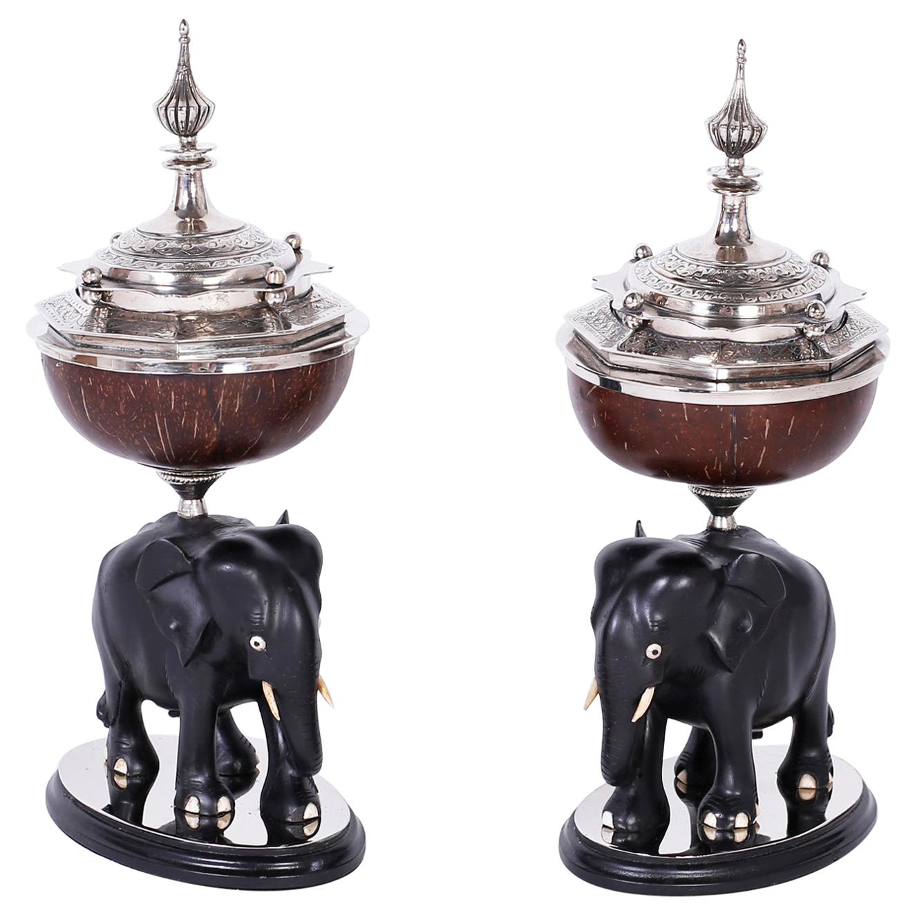 Pair of Elephant and Coconut Boxes or Garnitures For Sale