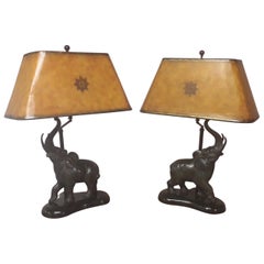 Vintage Pair of Elephant Bronze Lamps by Maitland Smith