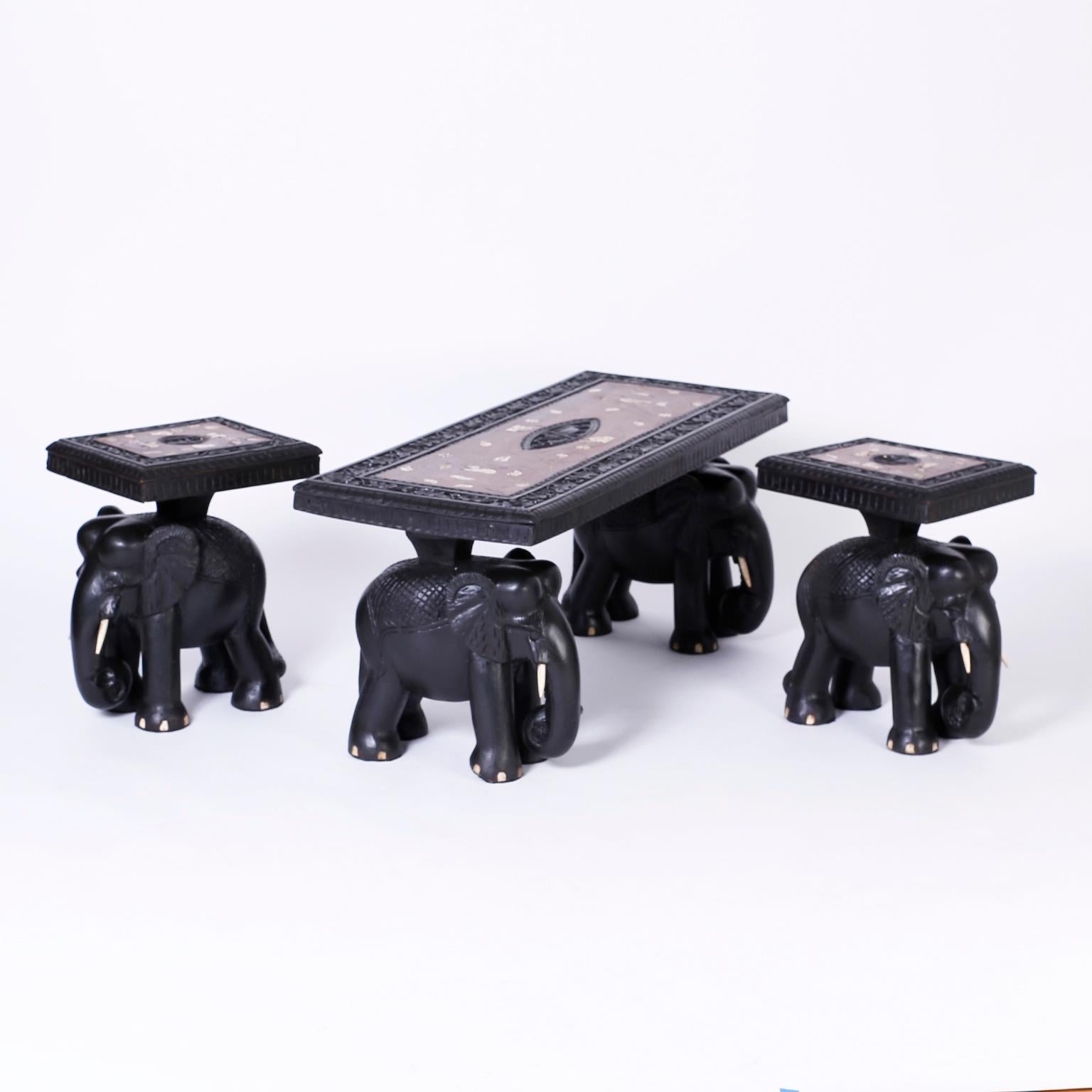 Inlay Pair of Elephant End Tables