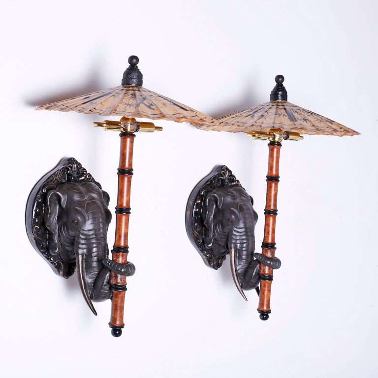 Pair of Elephant Head Wall Sconces with Umbrellas at 1stDibs