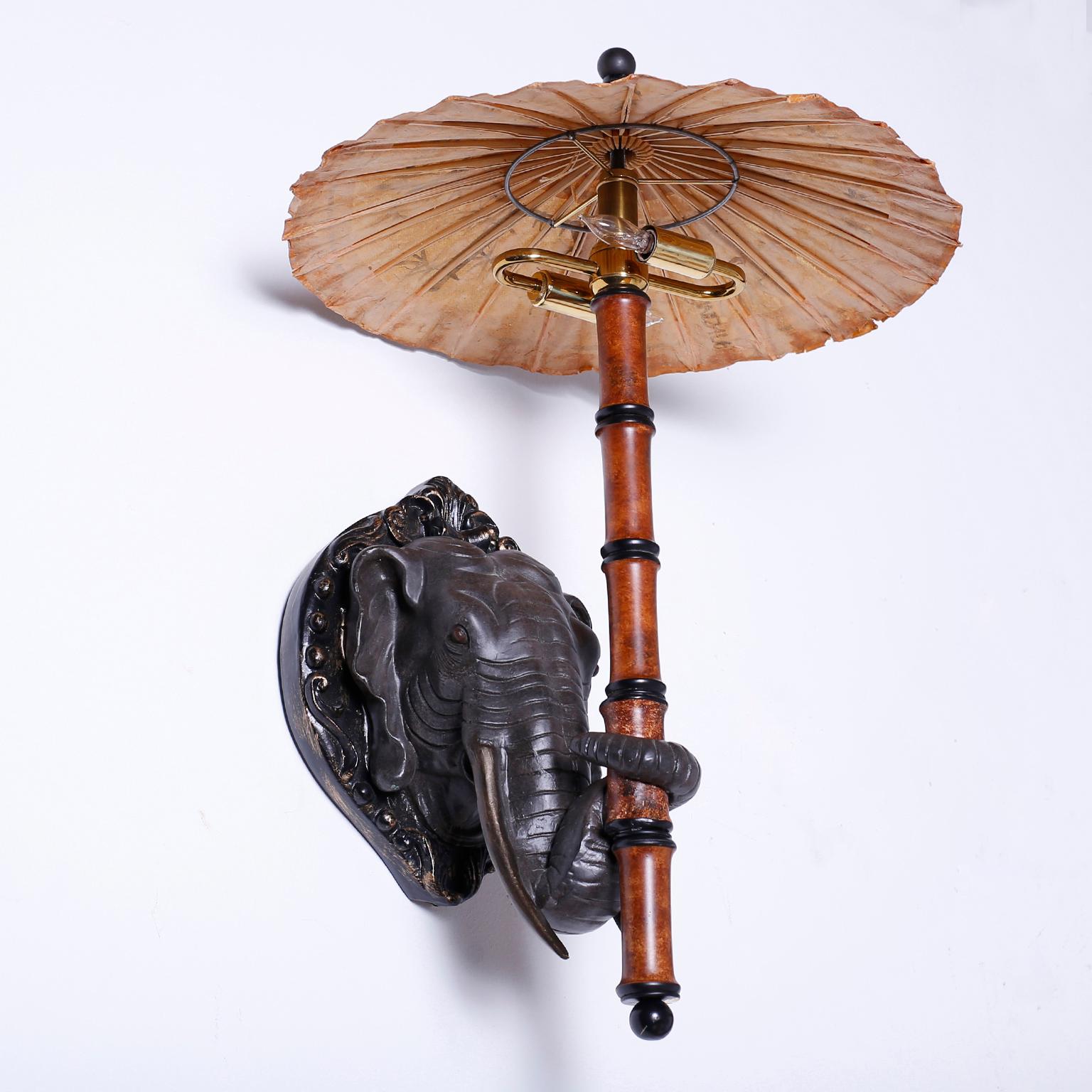 British Colonial Pair of Elephant Head Wall Sconces with Umbrellas