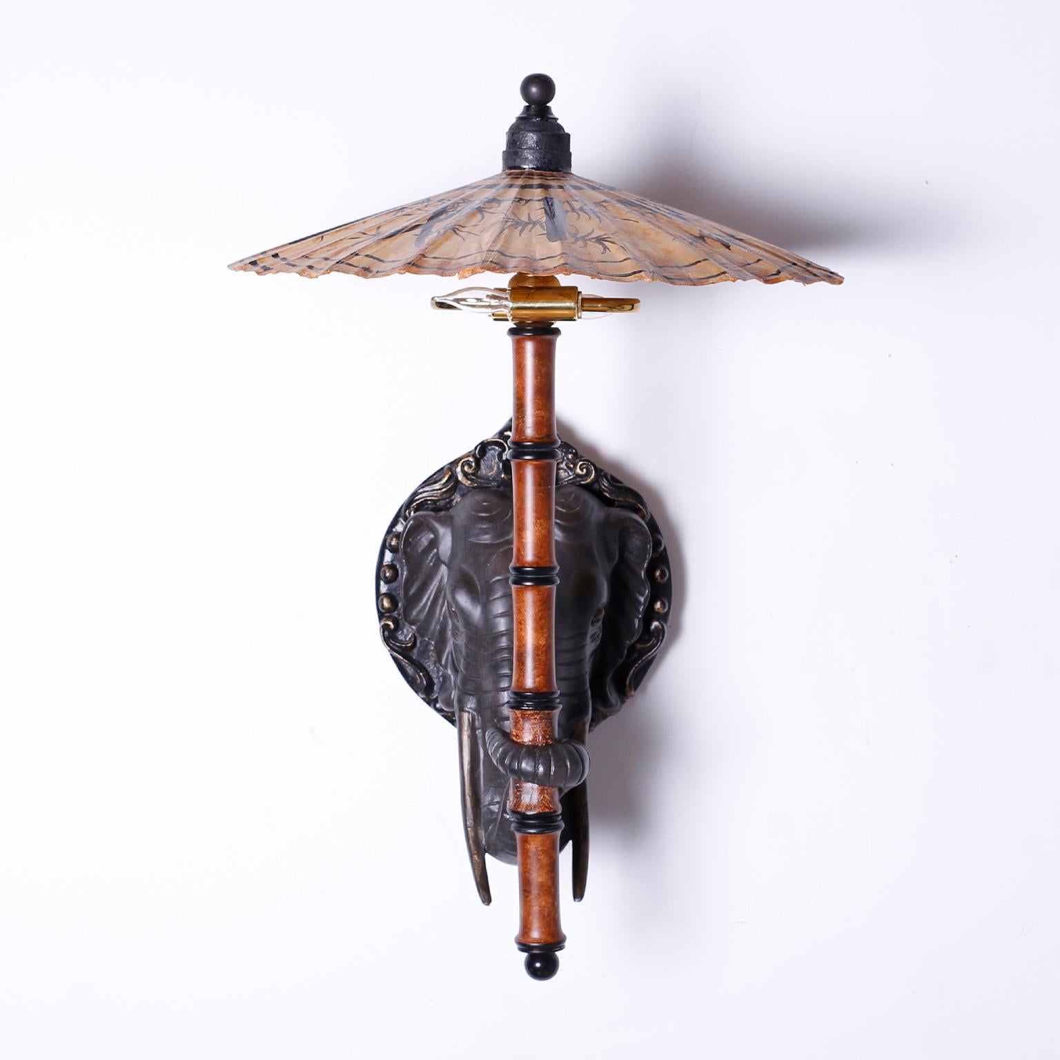 Lacquered Pair of Elephant Head Wall Sconces with Umbrellas