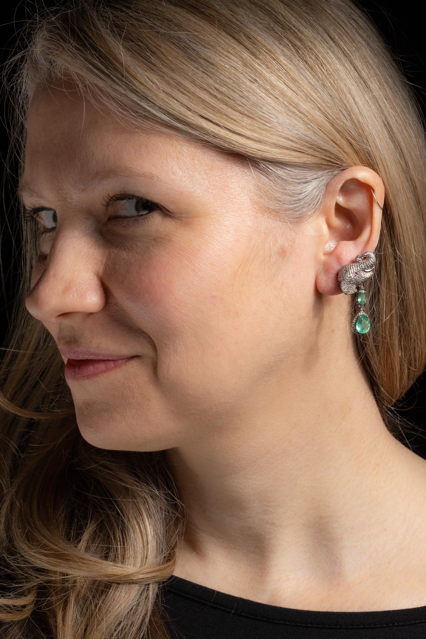 Pear Cut Pair of Elephant Motif Emerald and Diamond Dangle Earrings For Sale