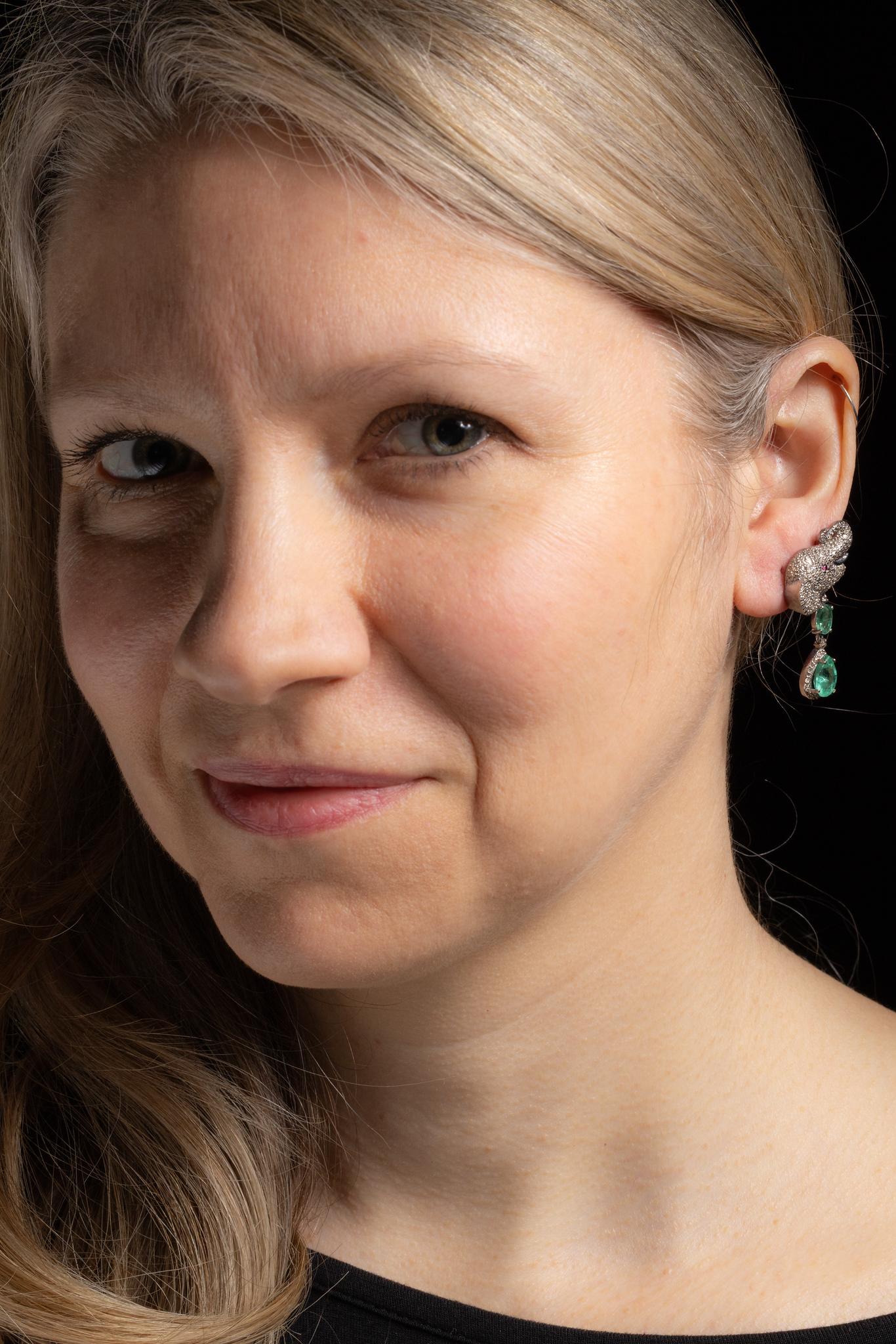 Pair of Elephant Motif Emerald and Diamond Dangle Earrings In Excellent Condition For Sale In Nantucket, MA