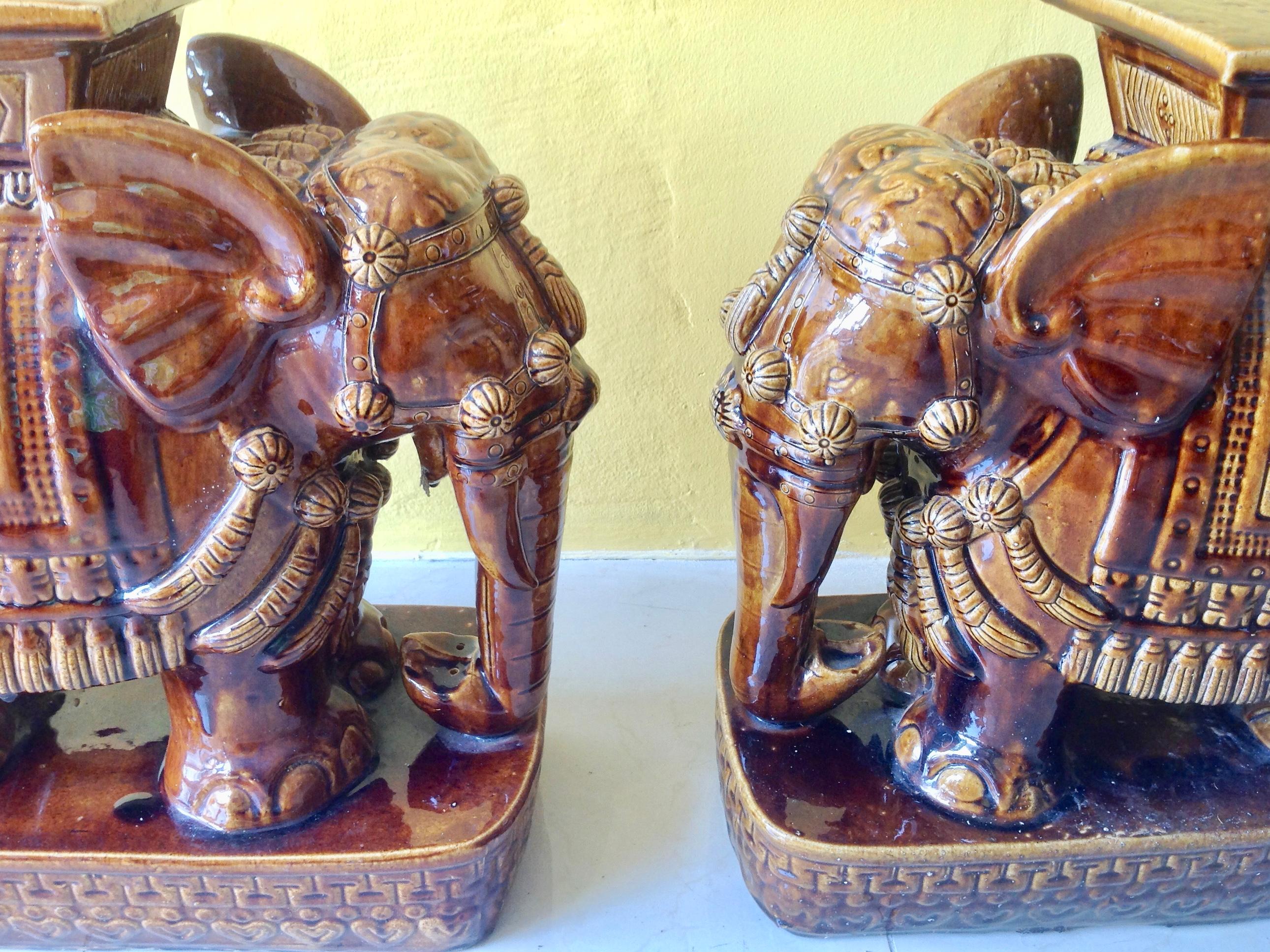 Glazed Pair of Elephant Motif Garden Seats
