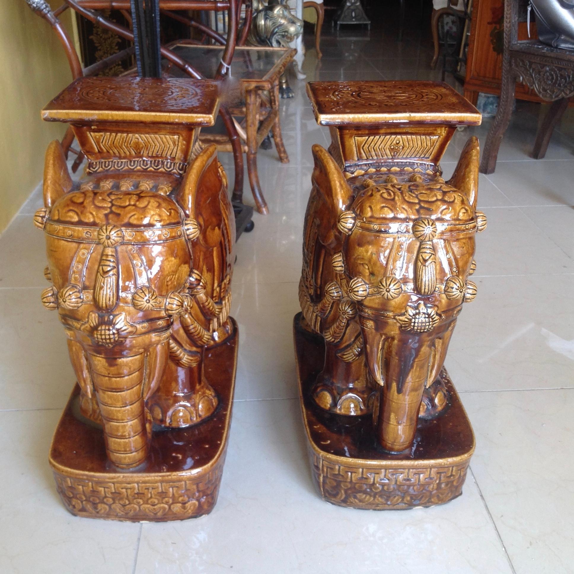 Terracotta Pair of Elephant Motif Garden Seats