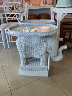 Pair of Elephant Wicker Side End Tables with Tray and Glass Top