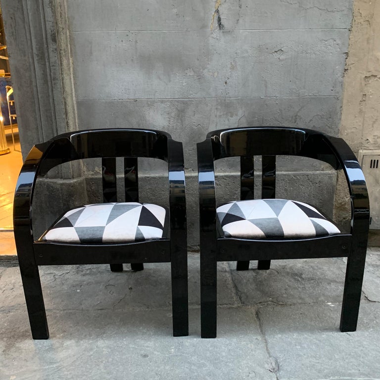 Pair of Elisa chairs by Giovanni Bassi for Poltronova, in black lacquered wood newly upholstered with Kirkby geometric velvet.
Perfect vintage condition.