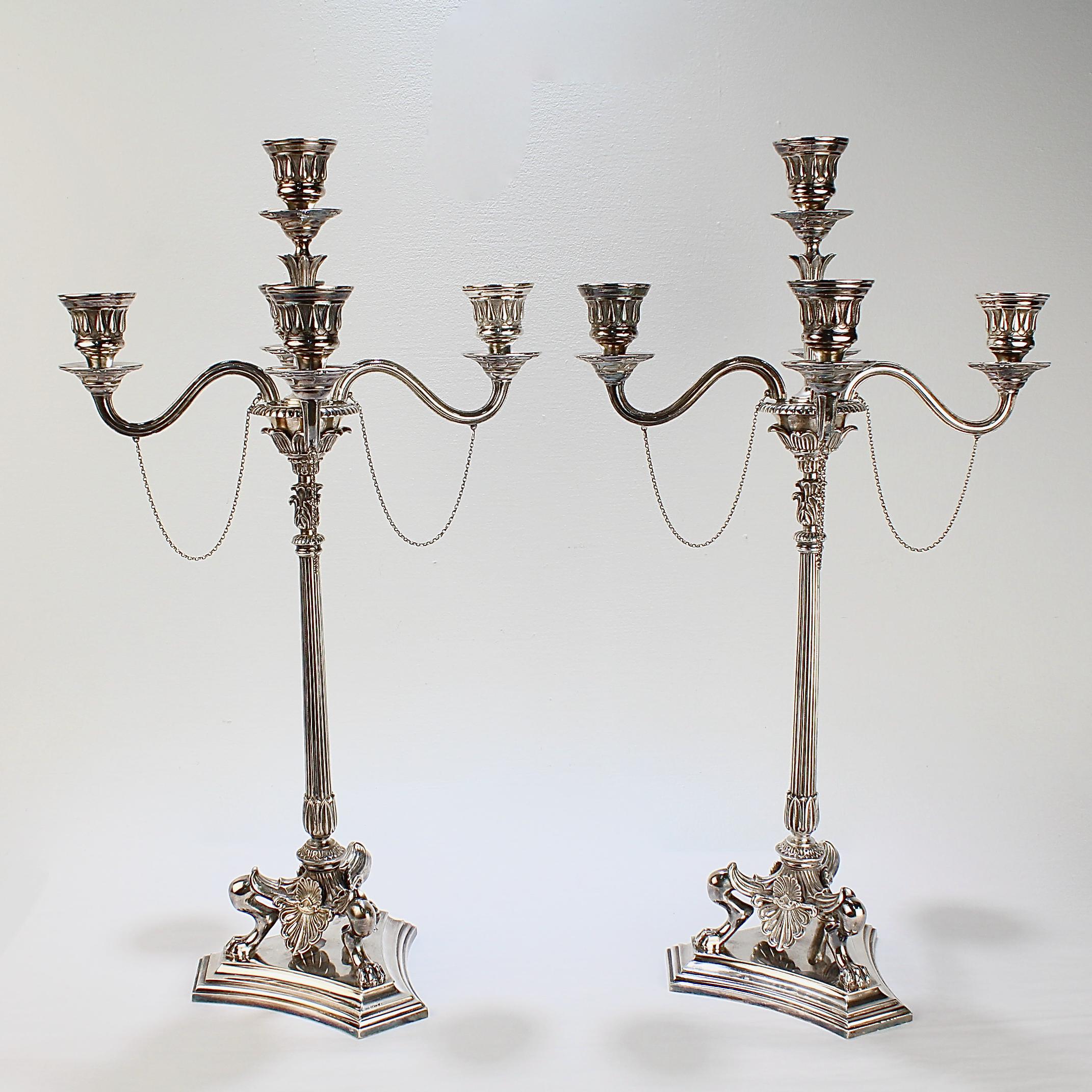 Pair of Elkington & Co Neoclassical Revival Silver Plated Five-Light Candelabra In Good Condition For Sale In Philadelphia, PA