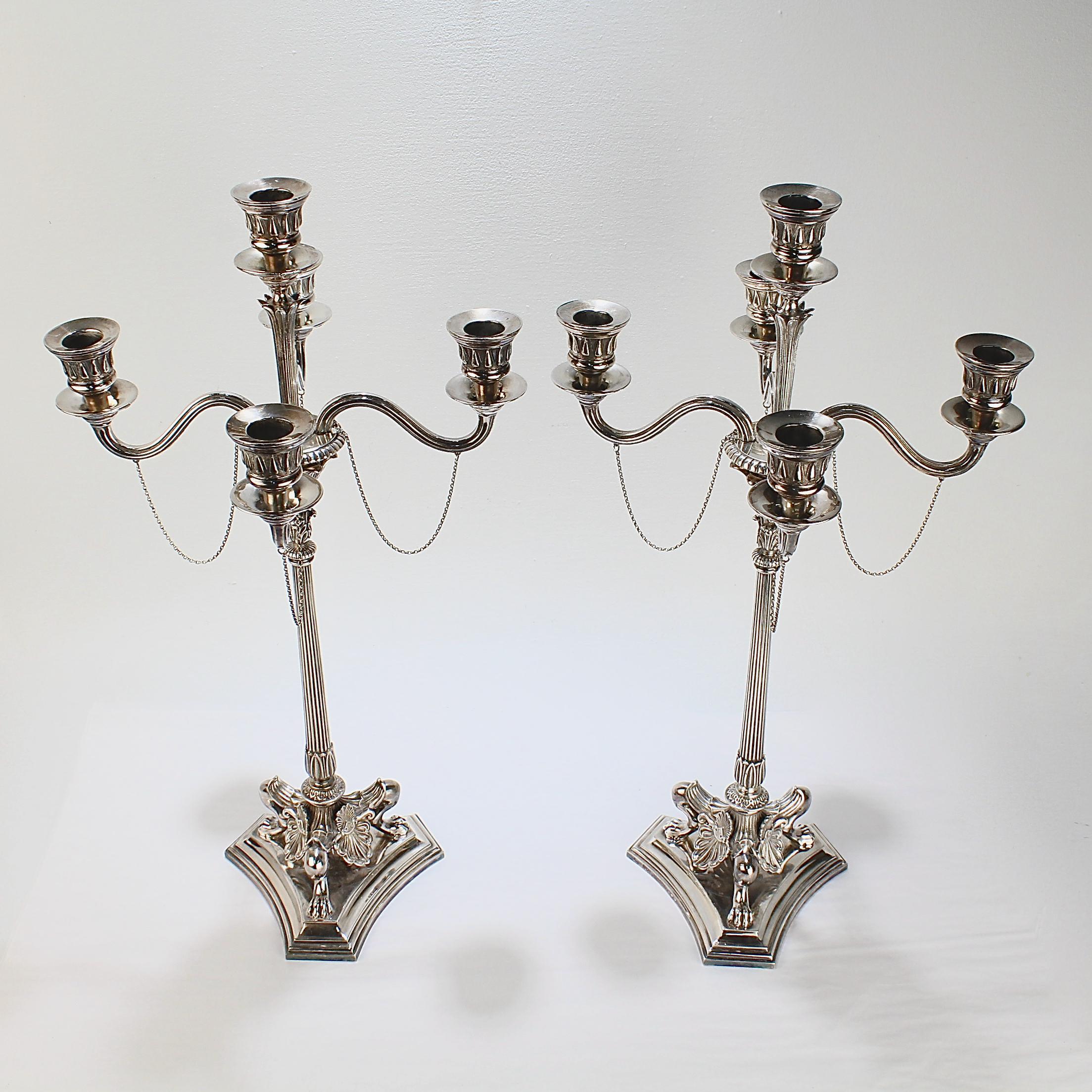 Women's or Men's Pair of Elkington & Co Neoclassical Revival Silver Plated Five-Light Candelabra For Sale