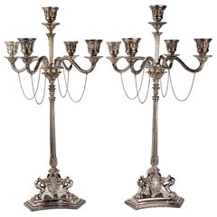 Pair of Elkington & Co Neoclassical Revival Silver Plated Five-Light Candelabra