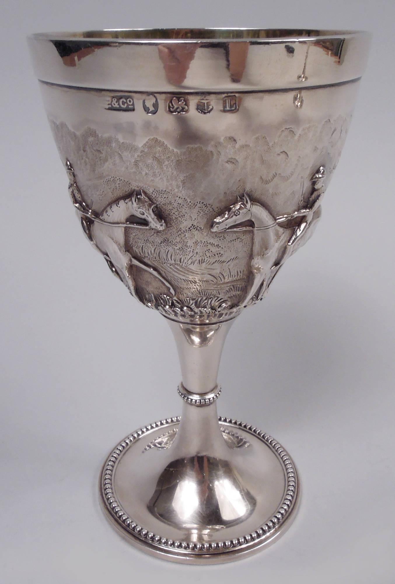 British Pair of Elkington English Victorian Sterling Silver Horse Goblets, 1860