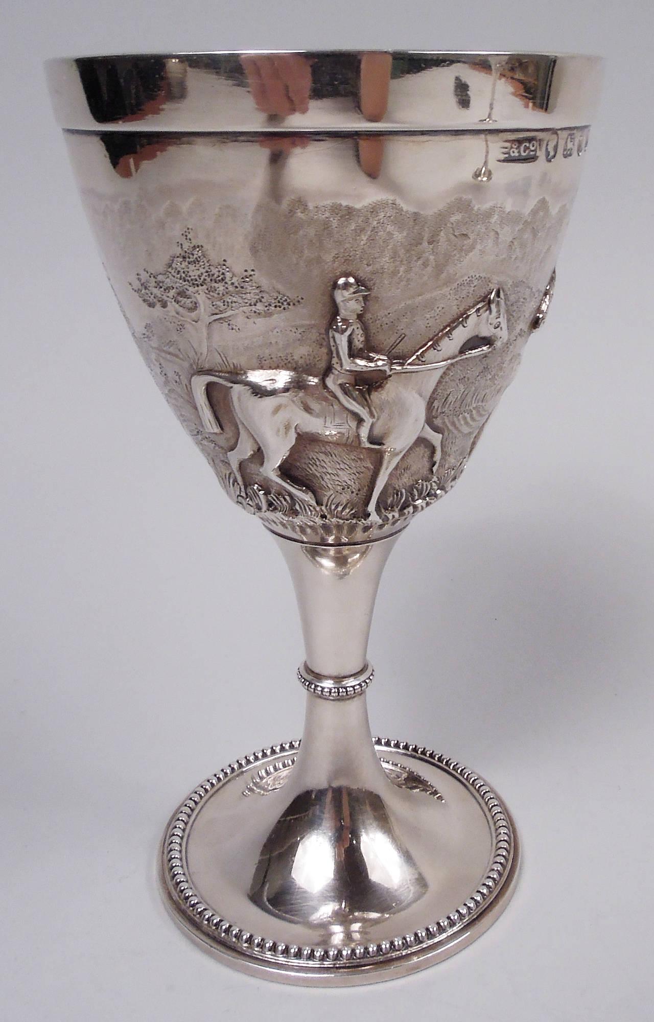 Beaded Pair of Elkington English Victorian Sterling Silver Horse Goblets, 1860