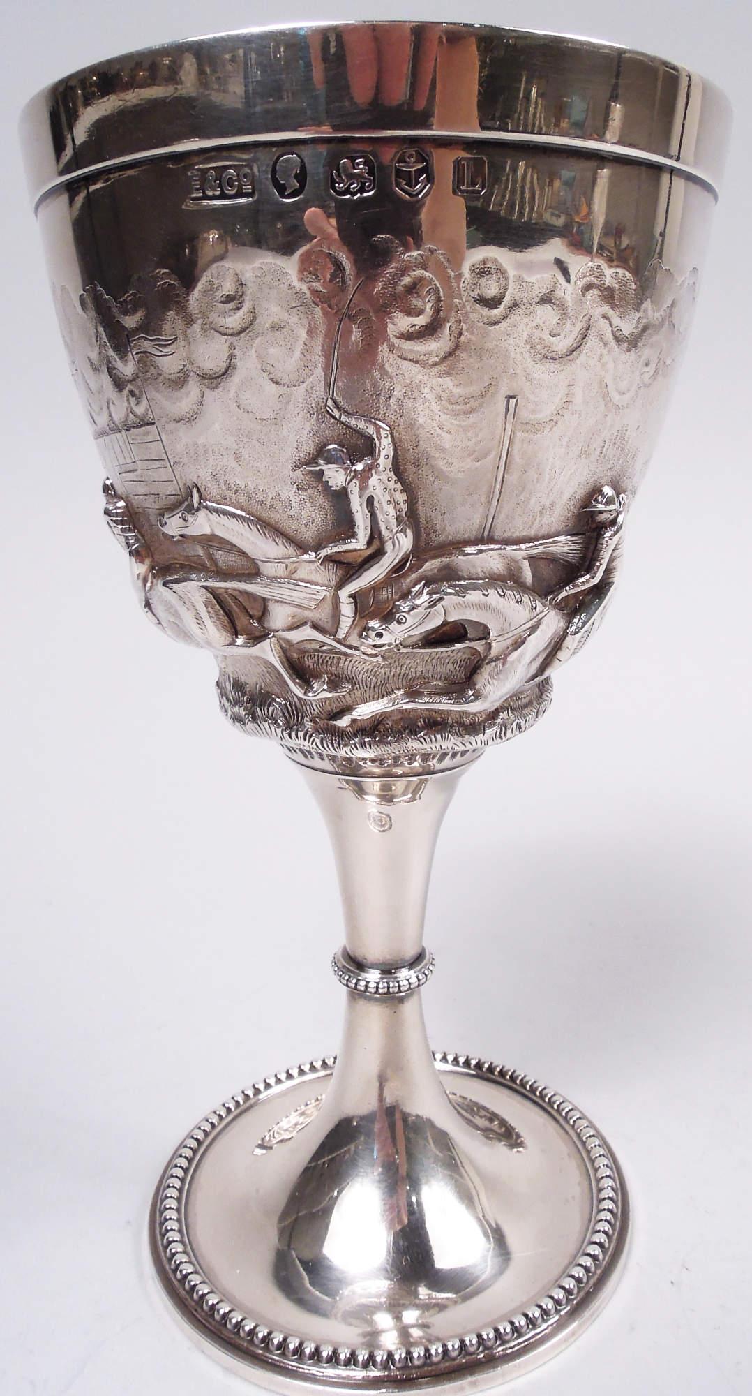 Pair of Elkington English Victorian Sterling Silver Horse Goblets, 1860 2
