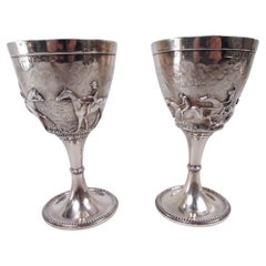 Antique Pair of Elkington English Victorian Sterling Silver Horse Goblets, 1860