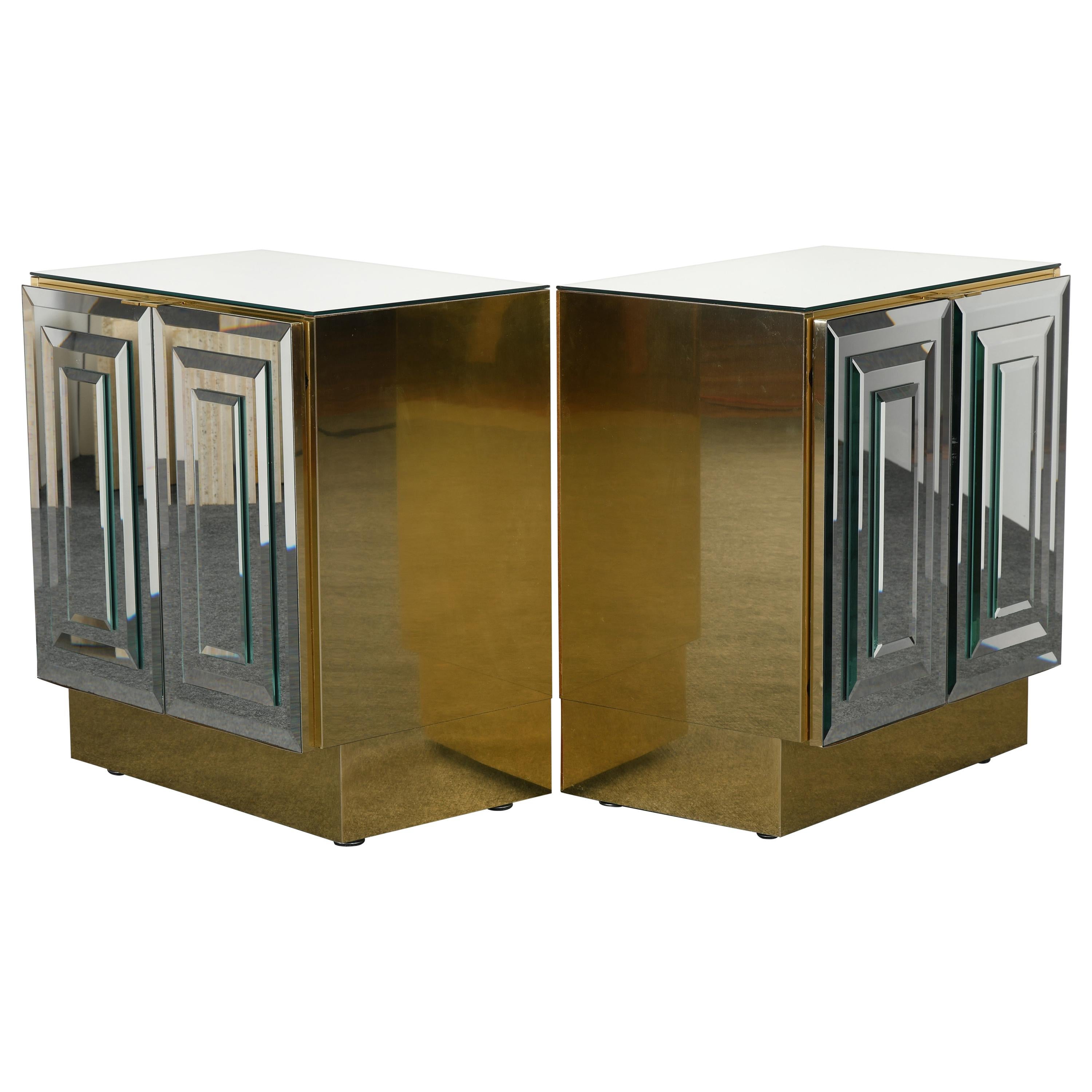Pair of ELLO Brass and Mirror Bedside Tables, 1970s