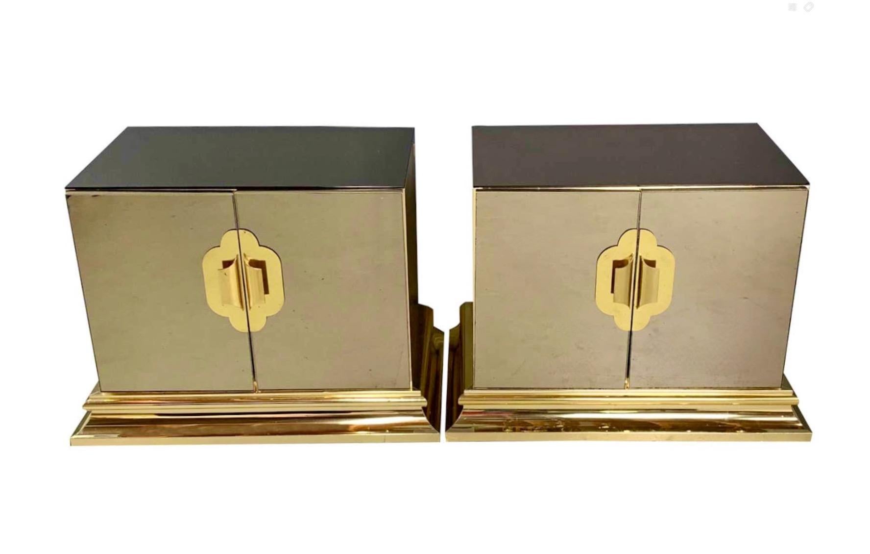 Pair of Ello Brass & Bronze Mirror Bedside Cabinets For Sale 1