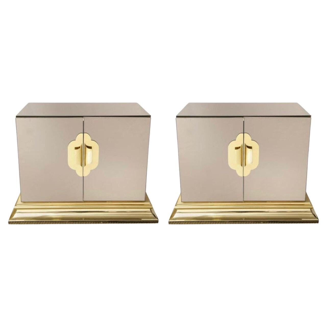 Pair of Ello Brass & Bronze Mirror Bedside Cabinets For Sale