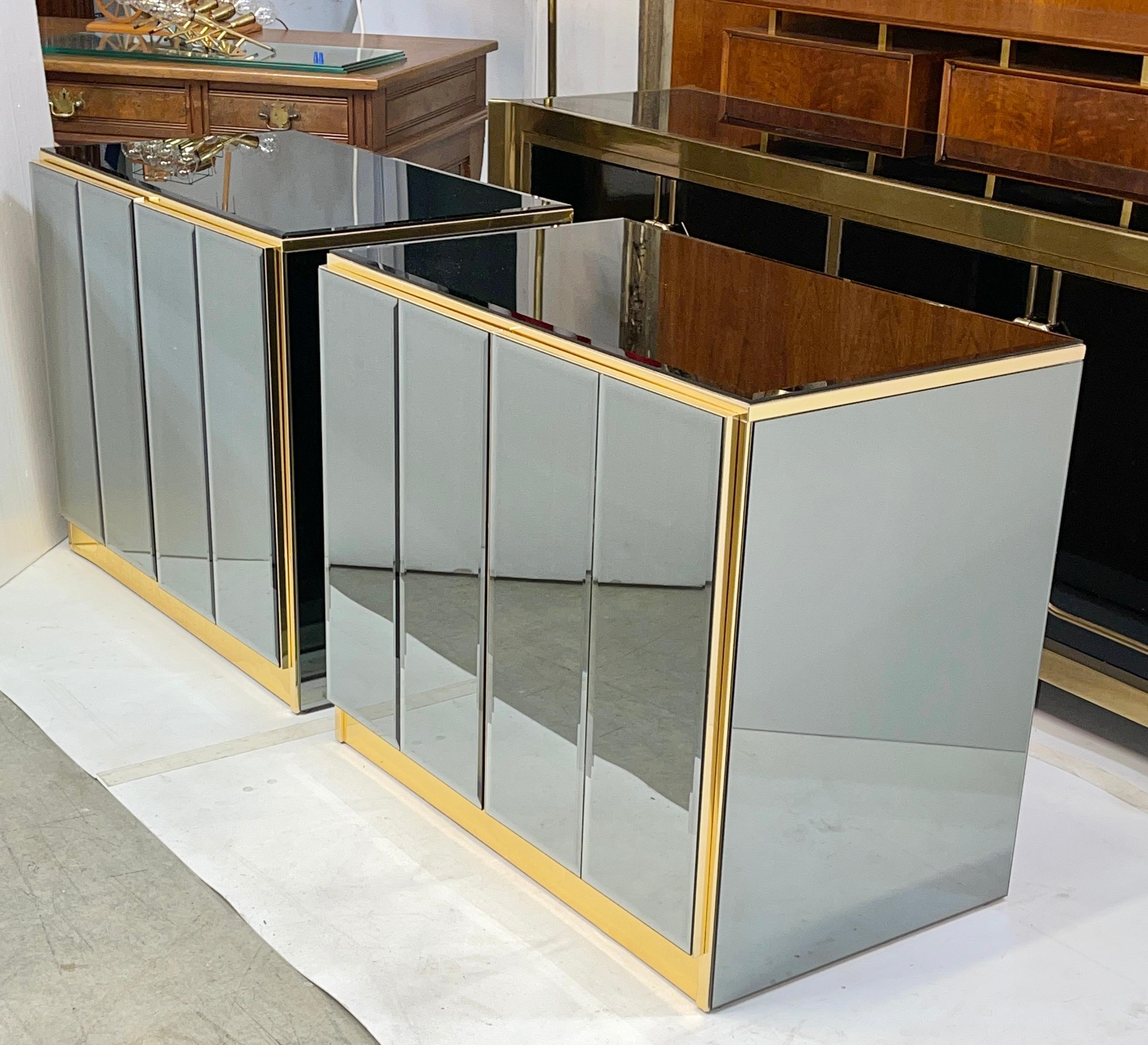 Hollywood Regency Pair of Ello Mirrored Double Door Chests For Sale
