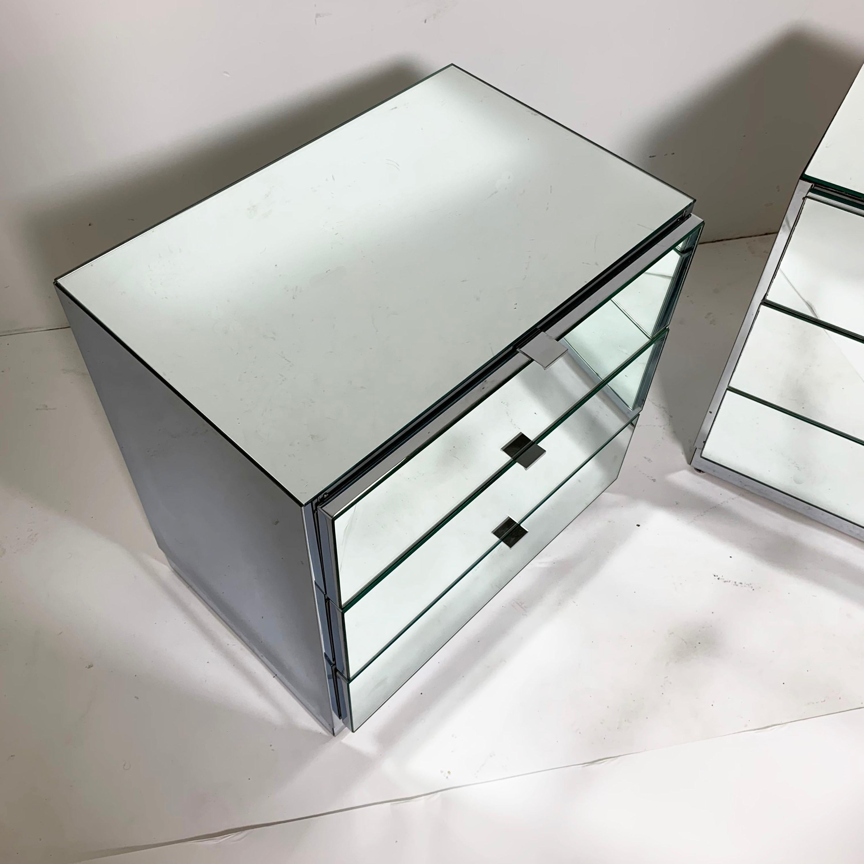 American Pair of Ello Mirrored Three-Drawer Cabinets or Nightstands, circa 1980s