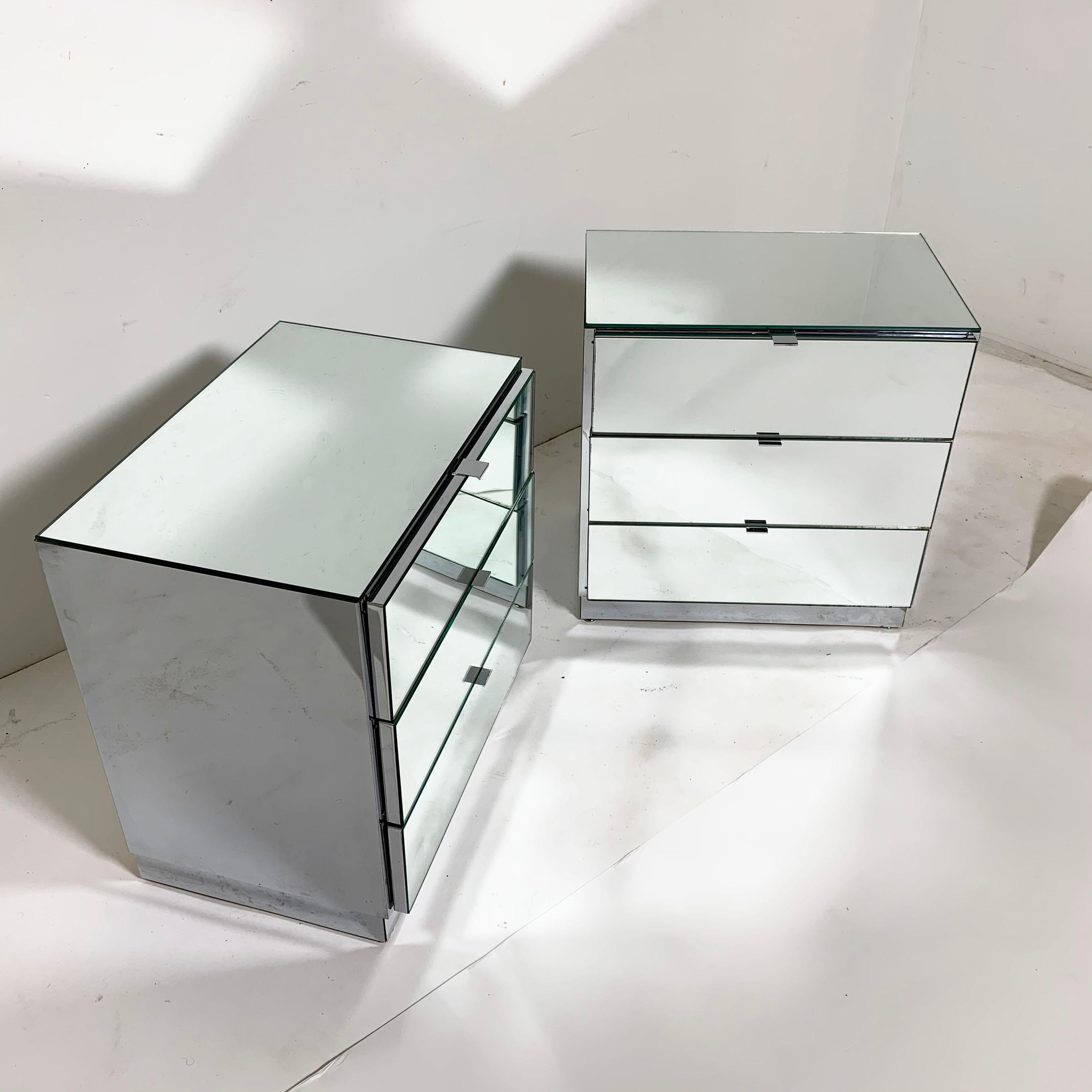 Pair of Ello Mirrored Three-Drawer Cabinets or Nightstands, circa 1980s 1