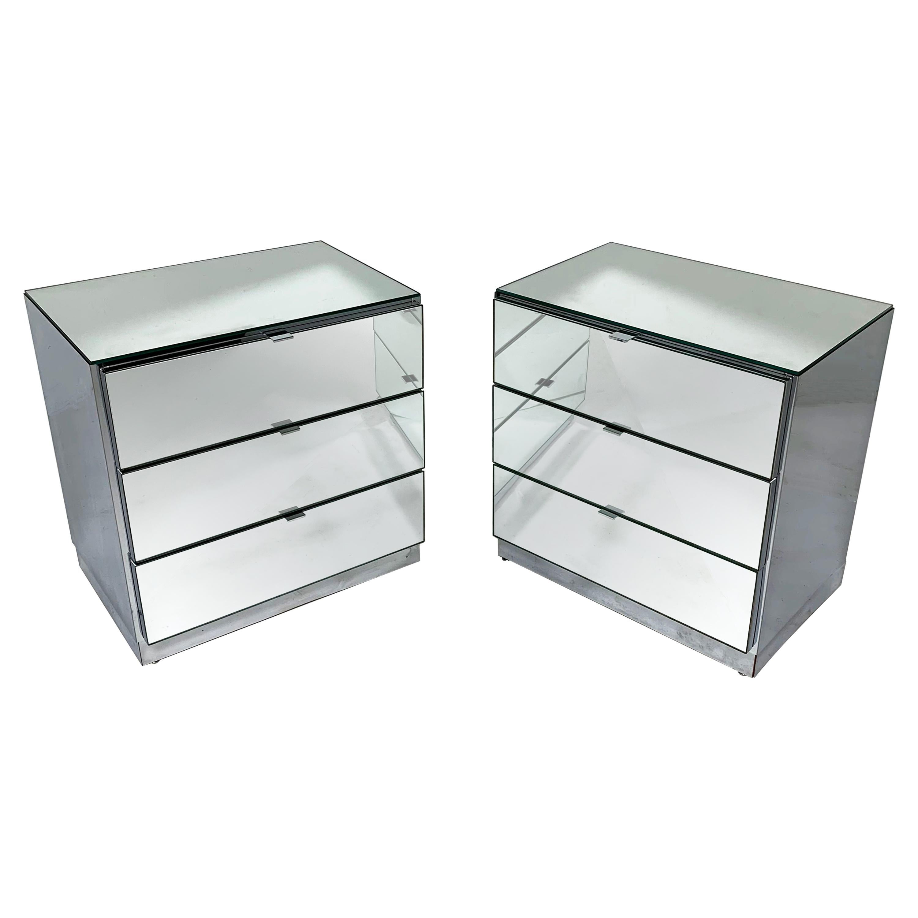 Pair of Ello Mirrored Three-Drawer Cabinets or Nightstands, circa 1980s