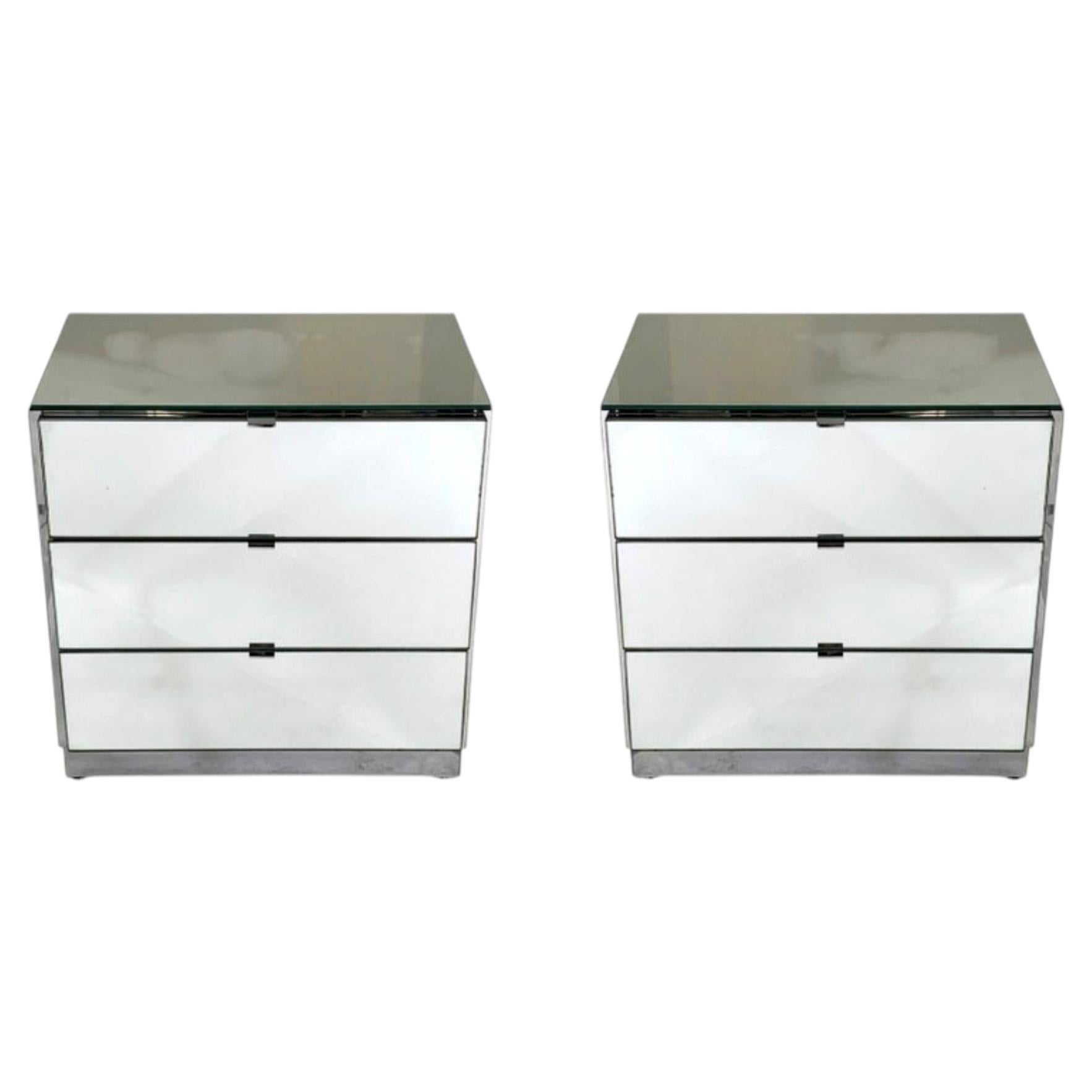 Pair of Ello Mirrored Three Drawer Nightstands