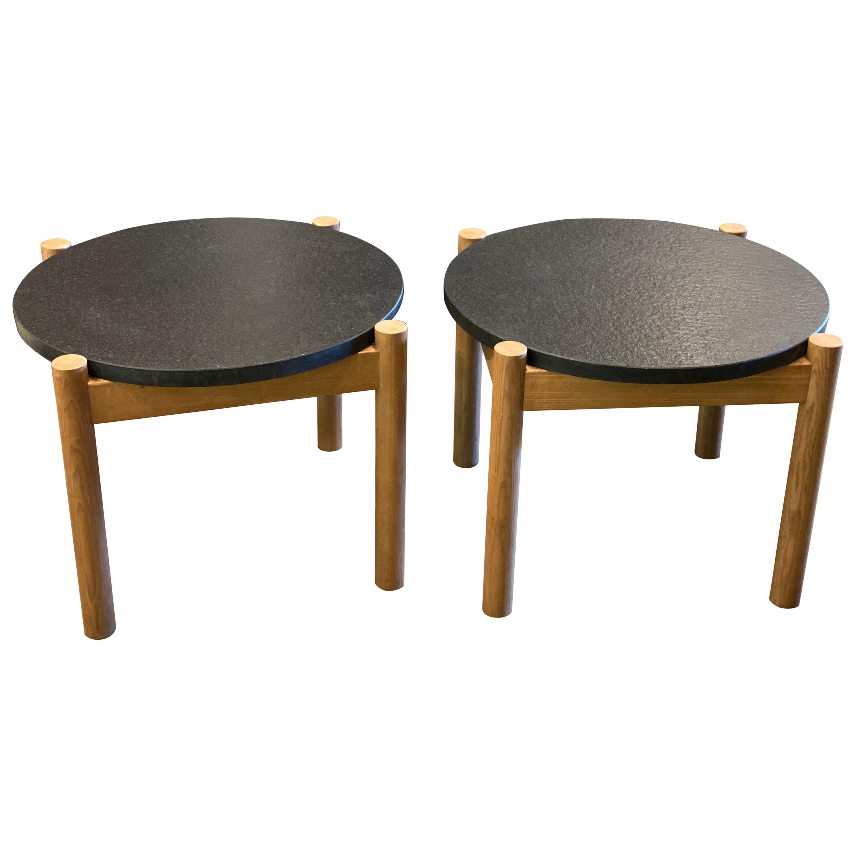 Pair of Elm and Black Stone Side Tables, by Robert Sentou, France, 1968