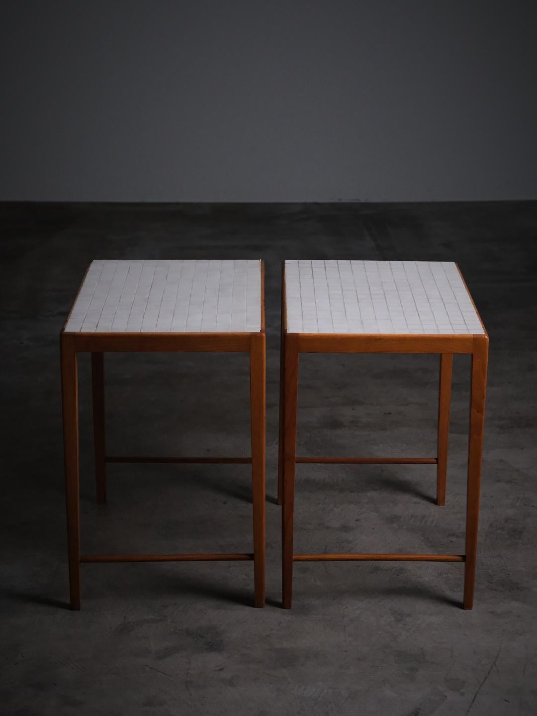 Scandinavian Modern Pair of elm and mosaic side table by Otto Schulz for Boet, Sweden, 1950s For Sale