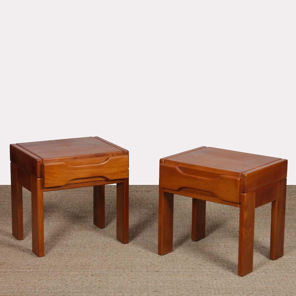 Pair of solid elm bedside tables for Maison Regain dating from the 1970s. They open thanks to a drawer in the front. These pieces are in good vintage condition. 