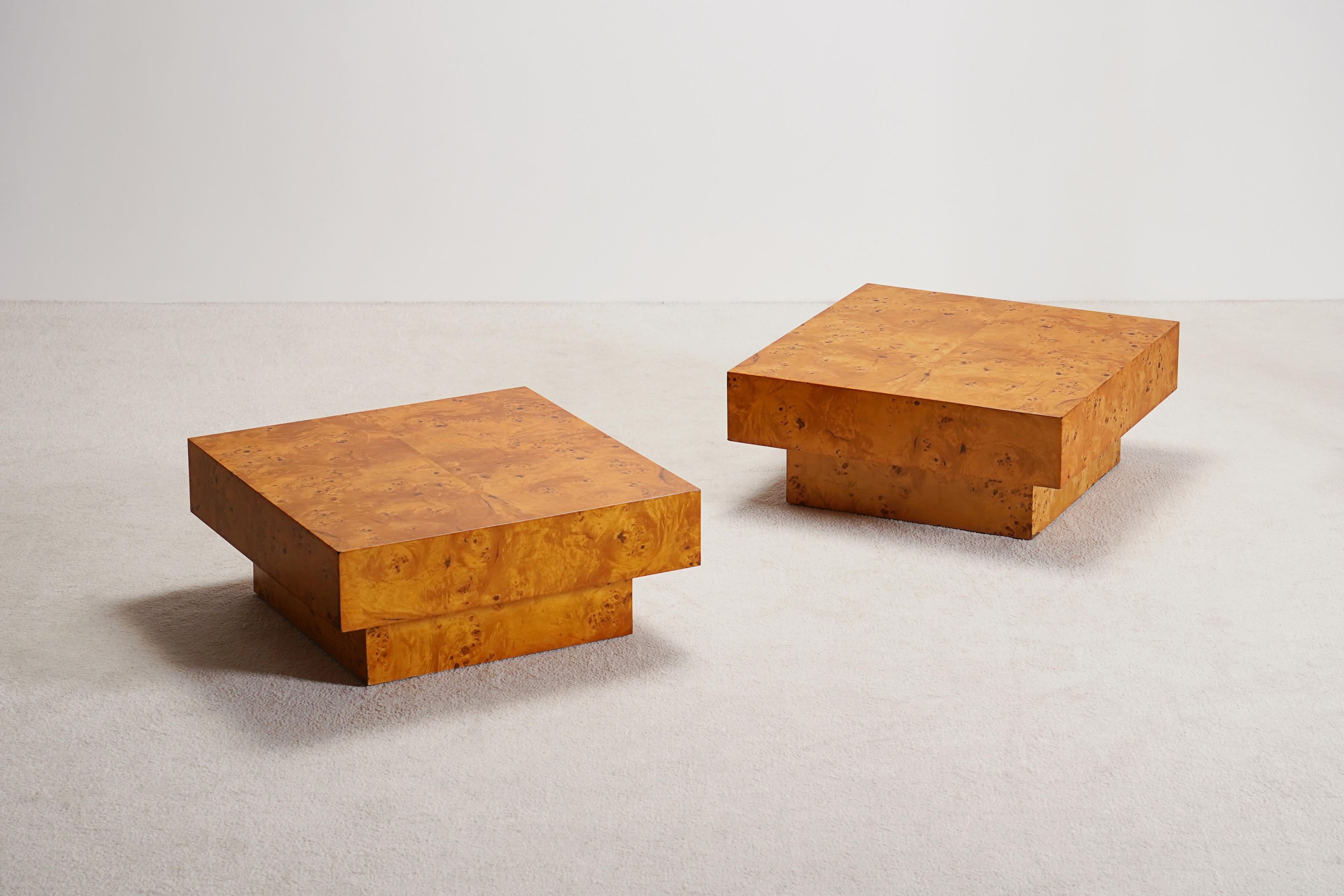 Mid-Century Modern Paire de tables basses ou tables d'appoint en loupe d'orme en vente
