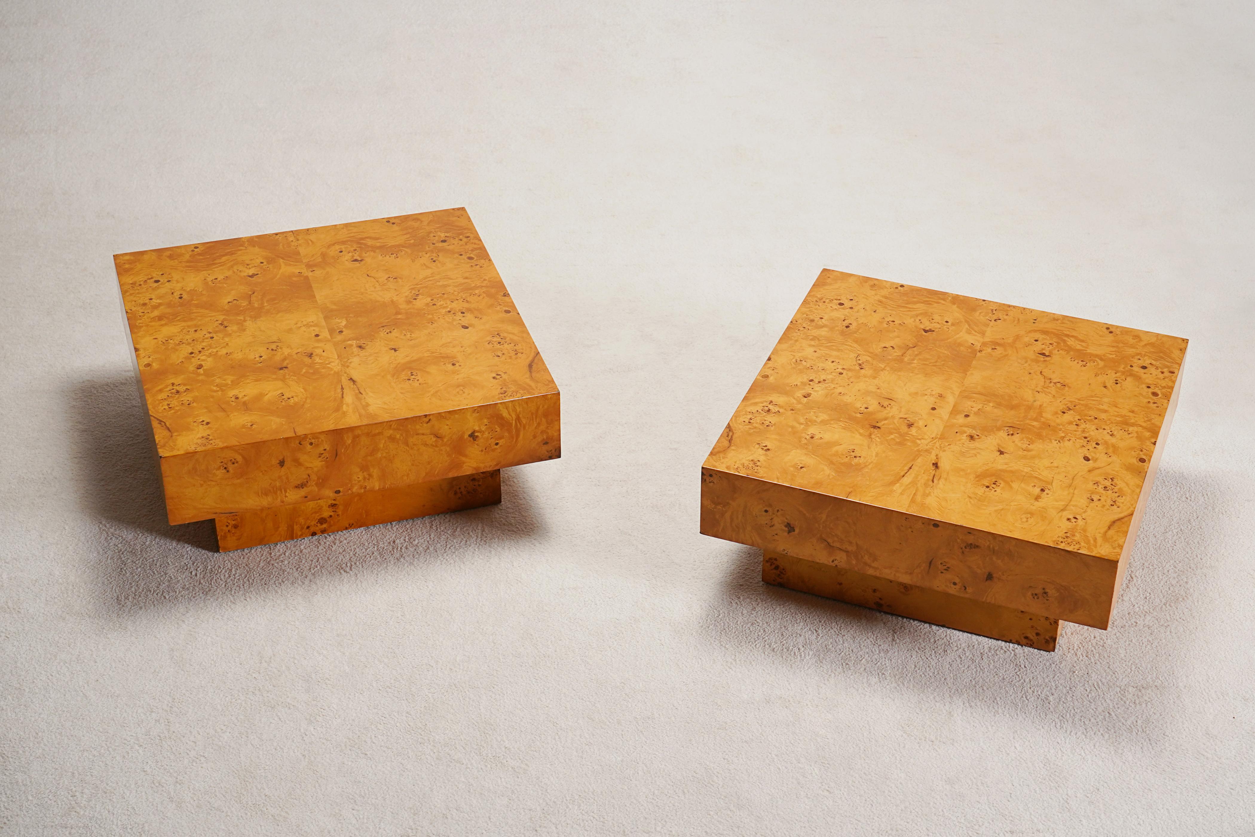 Paire de tables basses ou tables d'appoint en loupe d'orme Bon état - En vente à Paris, FR