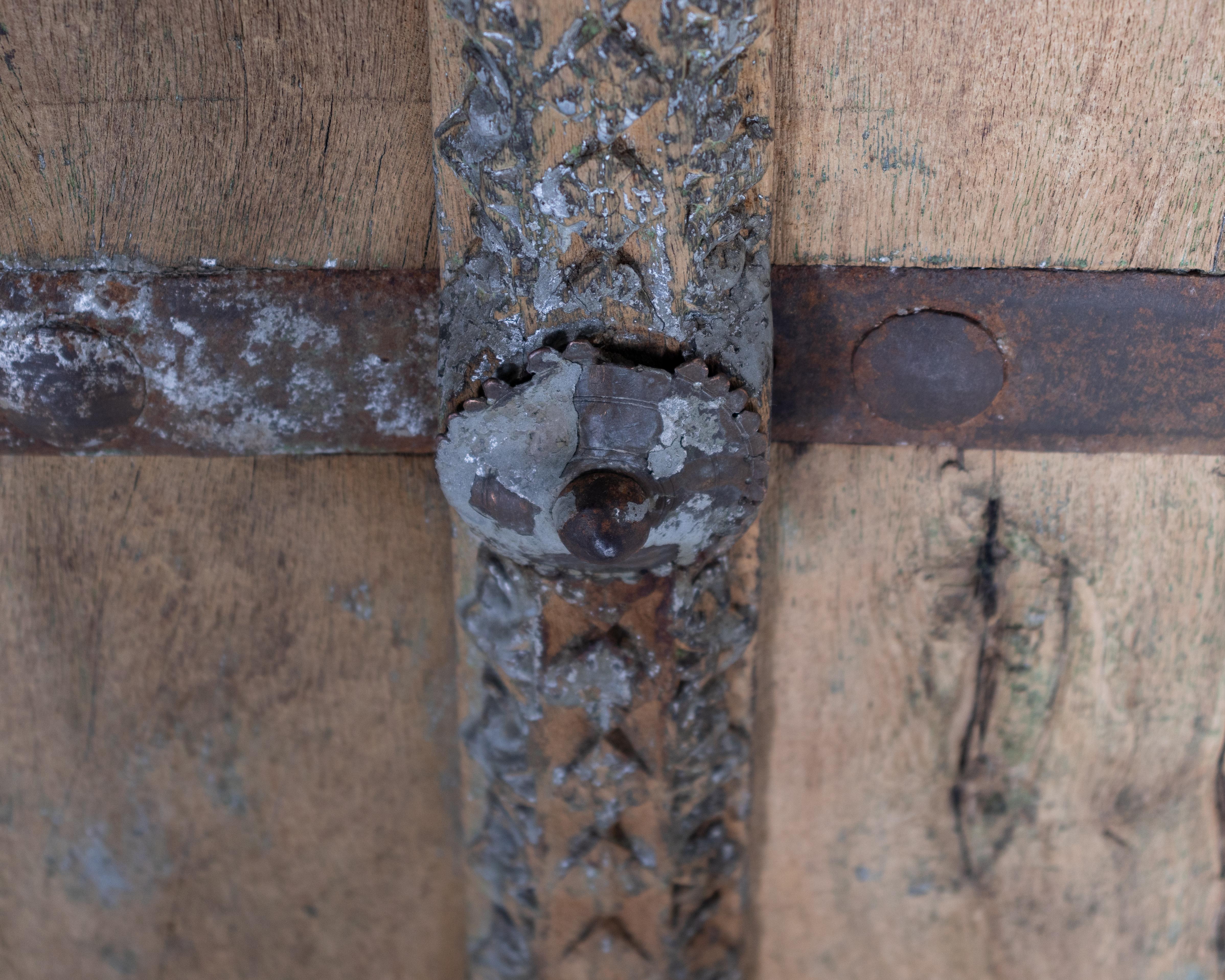 Pair of Elm Garden Doors in Original Paint Patina Made into Wall Decorations In Good Condition For Sale In Dallas, TX