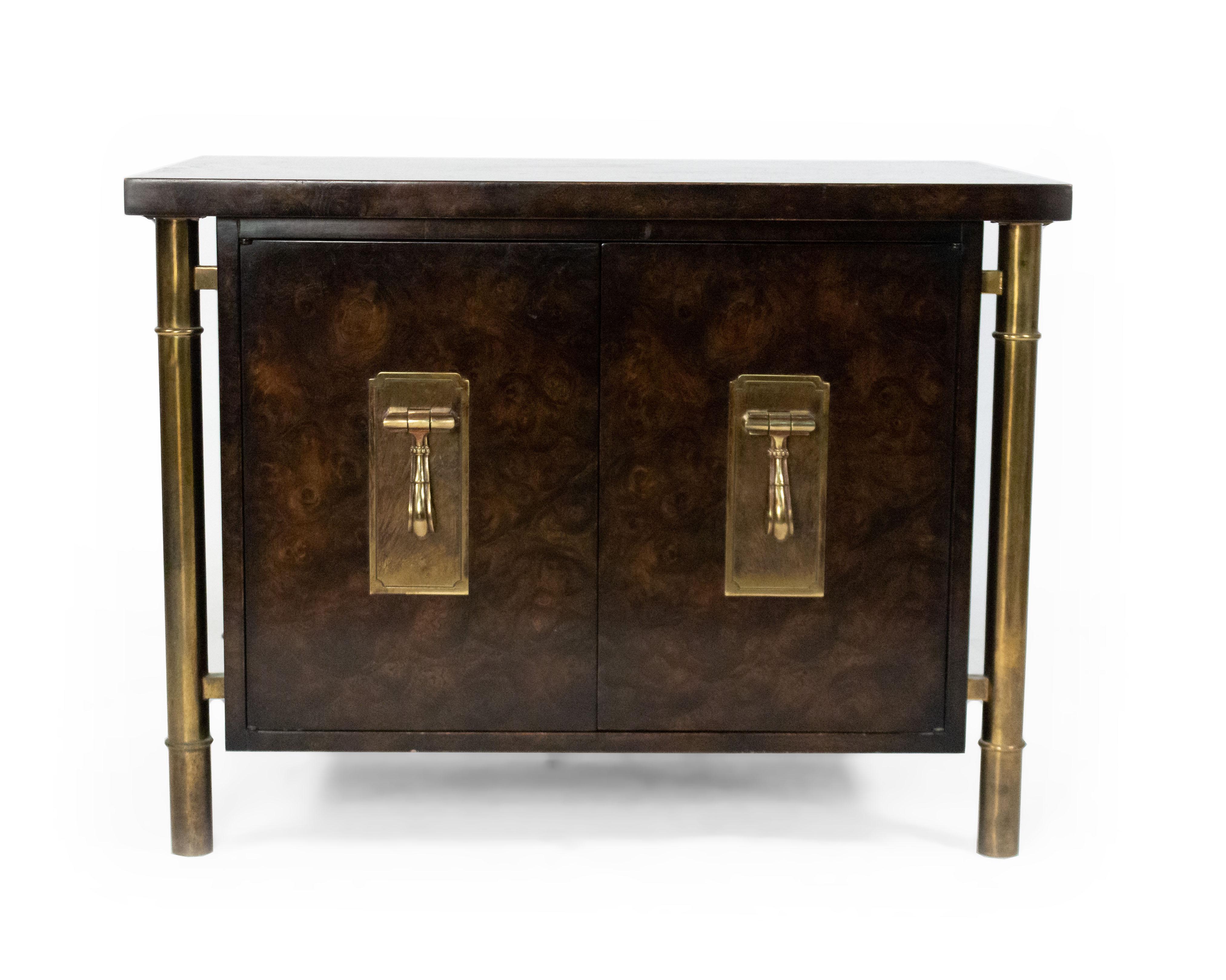 Pair of Mid-Century William Doezema for Mastercraft dark burl elm side tables circa 1960s with two doors, patinated brass drop pulls and cylindrical brass legs.