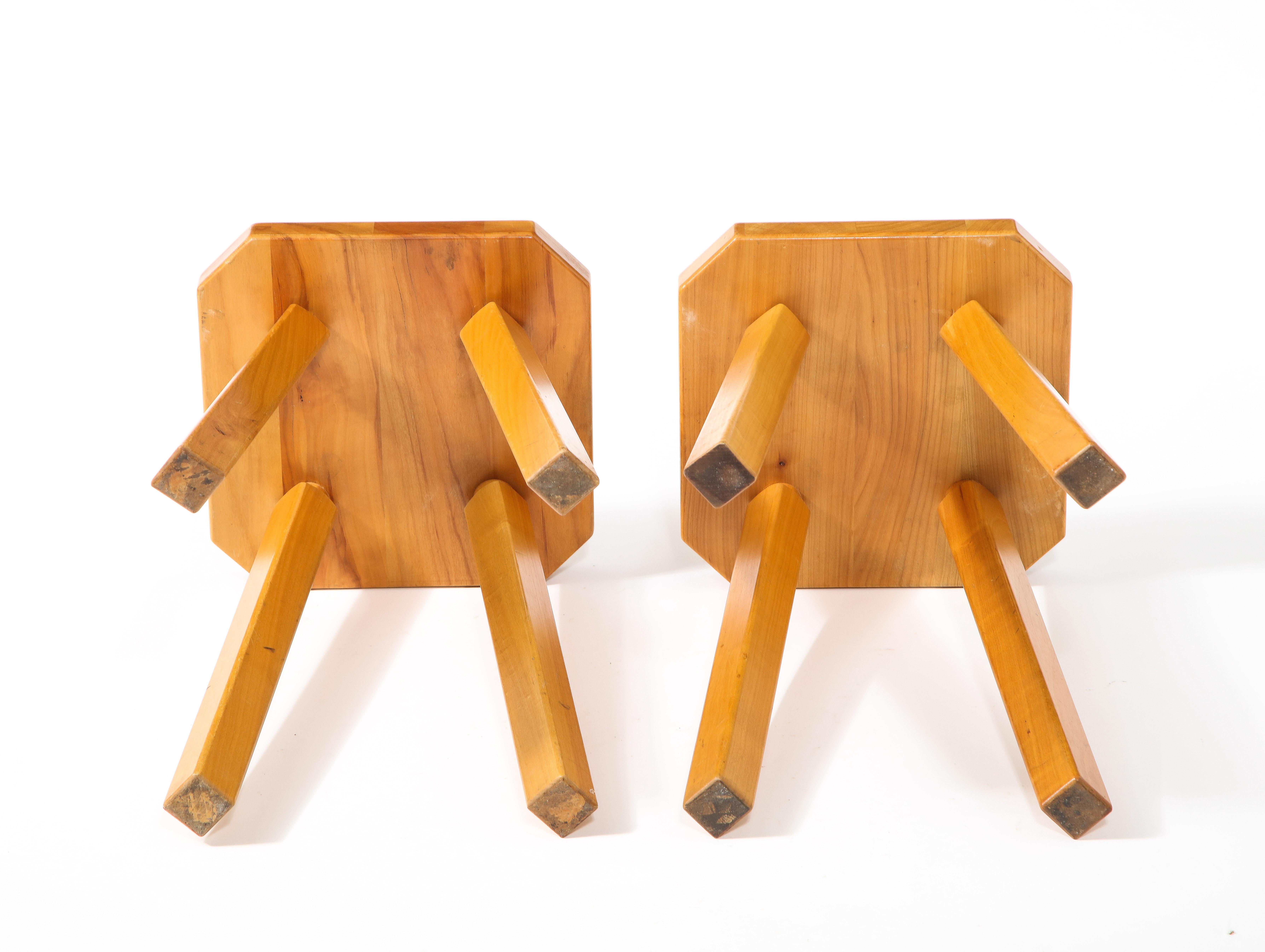 Pair of Solid Elm Stools Square with Chamfers and Through Tenons, France 1960's For Sale 4