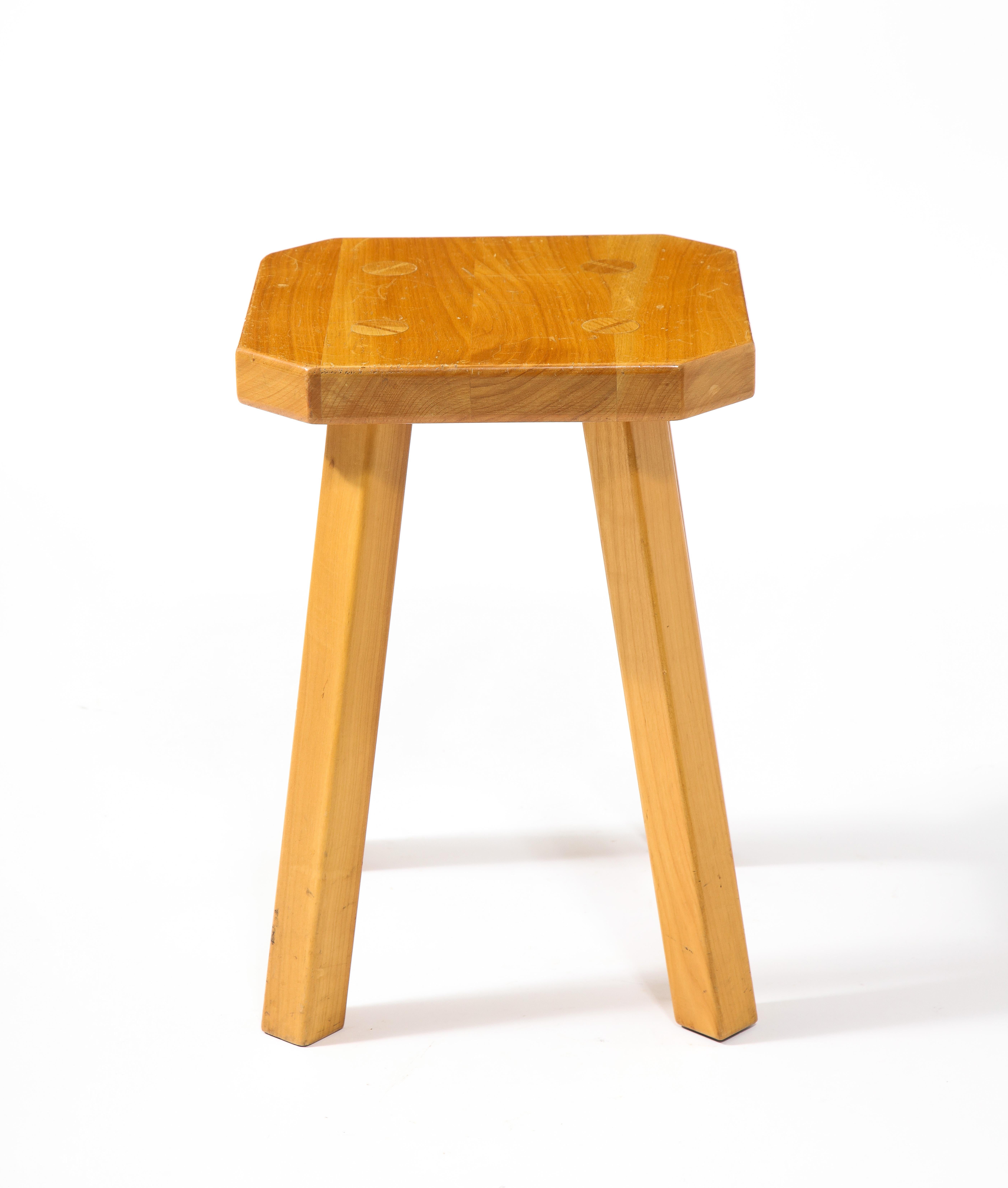 Pair of Solid Elm Stools Square with Chamfers and Through Tenons, France 1960's For Sale 5