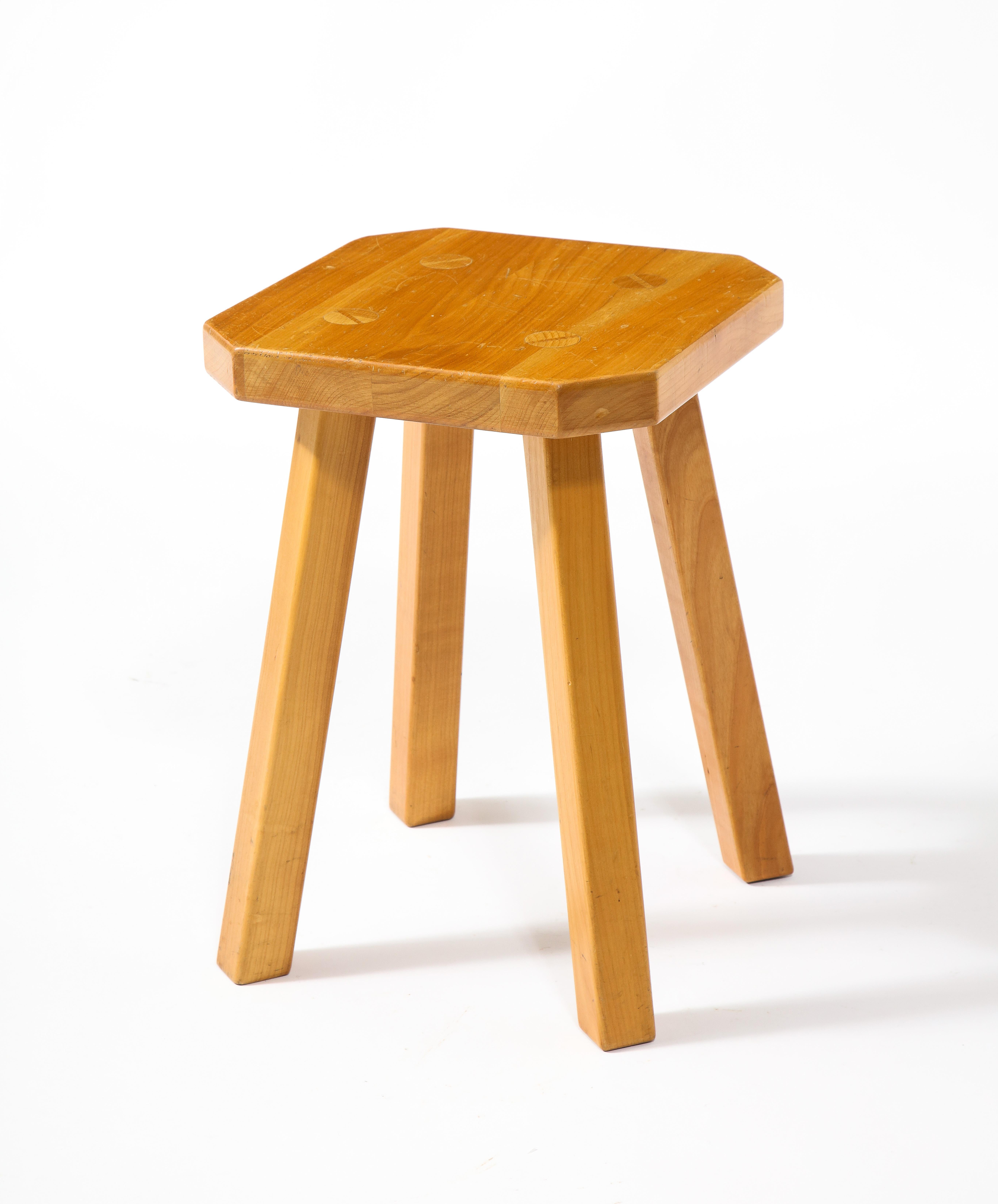 Pair of Solid Elm Stools Square with Chamfers and Through Tenons, France 1960's For Sale 6