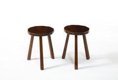 Splayed Leg Tripodal Faceted Dark Elm Stools, France 1960's