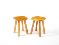 Pair of Solid Elm Stools Square with Chamfers and Through Tenons, France 1960's