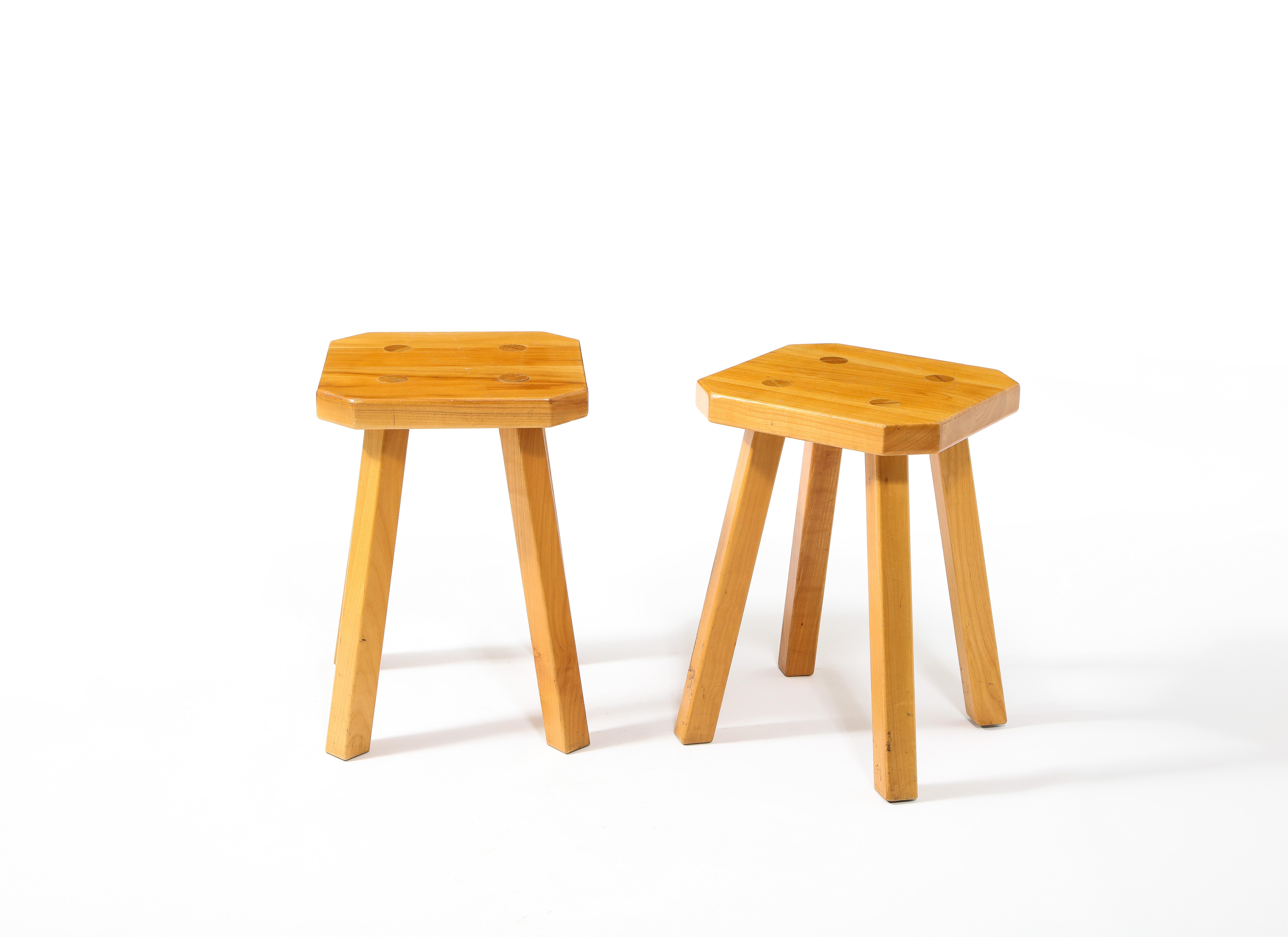 Rustic Pair of Solid Elm Stools Square with Chamfers and Through Tenons, France 1960's For Sale